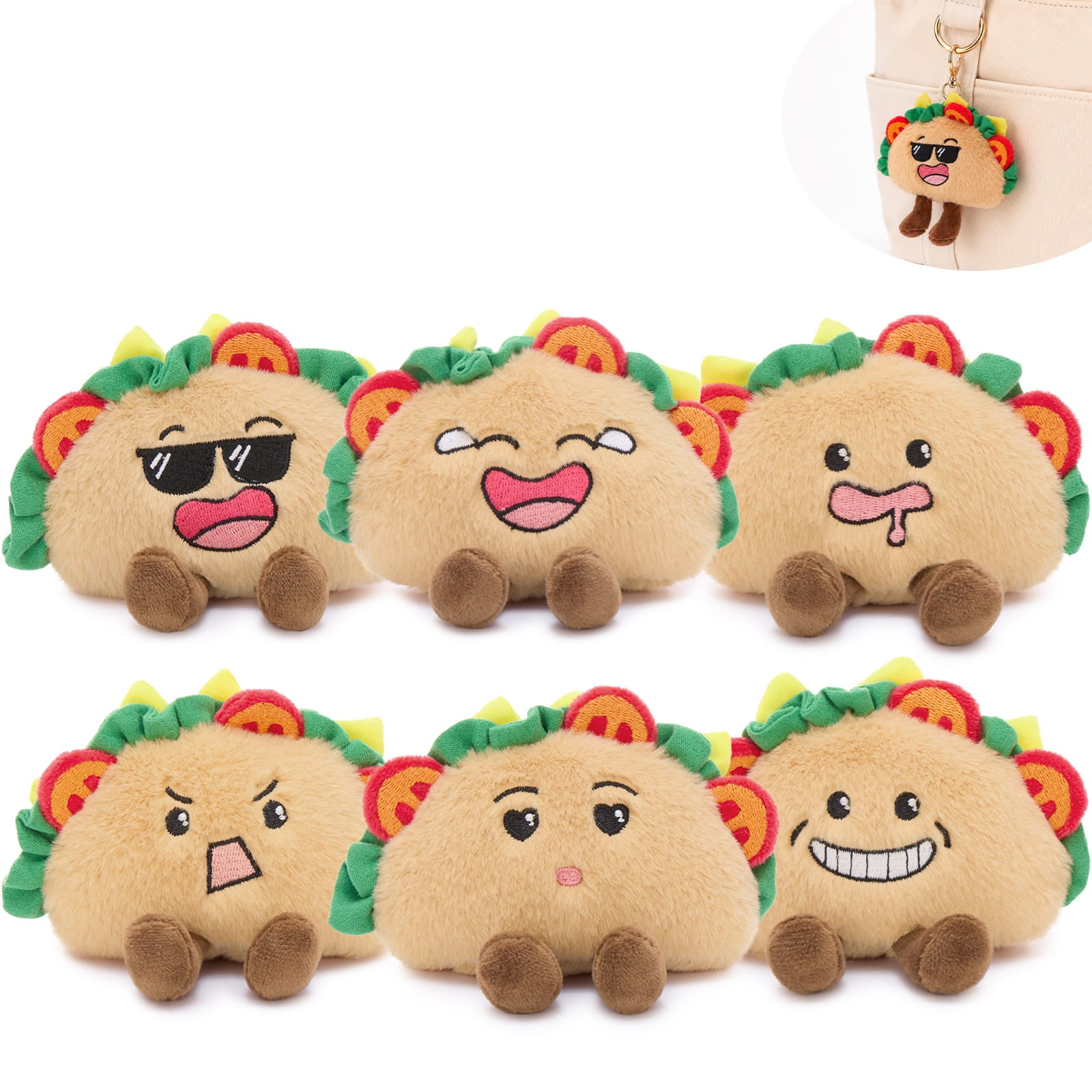 Taco Plush Toy Bundle Kawaii Mini Stuffed Taco Bag Charm with Funny Emoji Faces