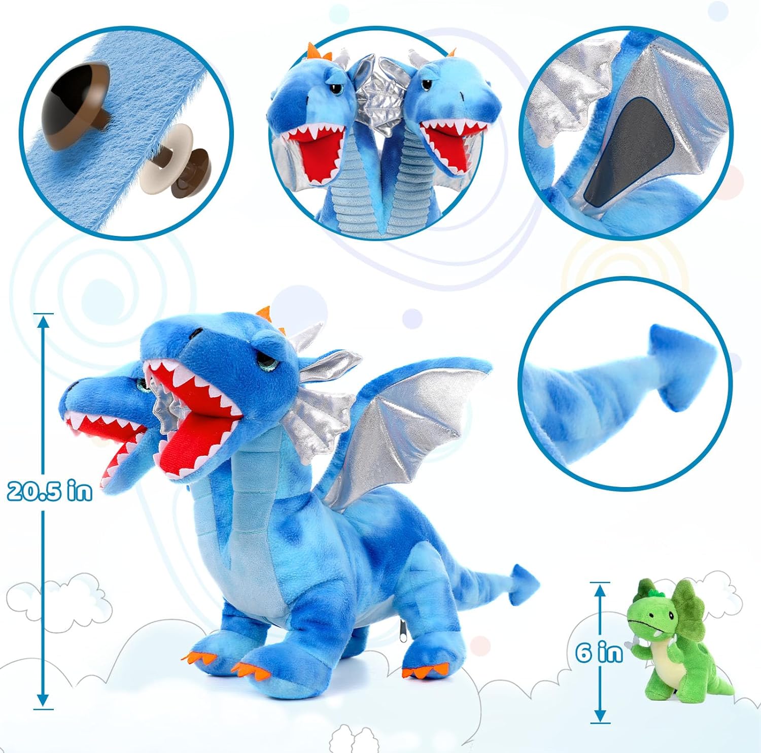 Ensemble de jouets en peluche dragon à deux têtes, 20 pouces