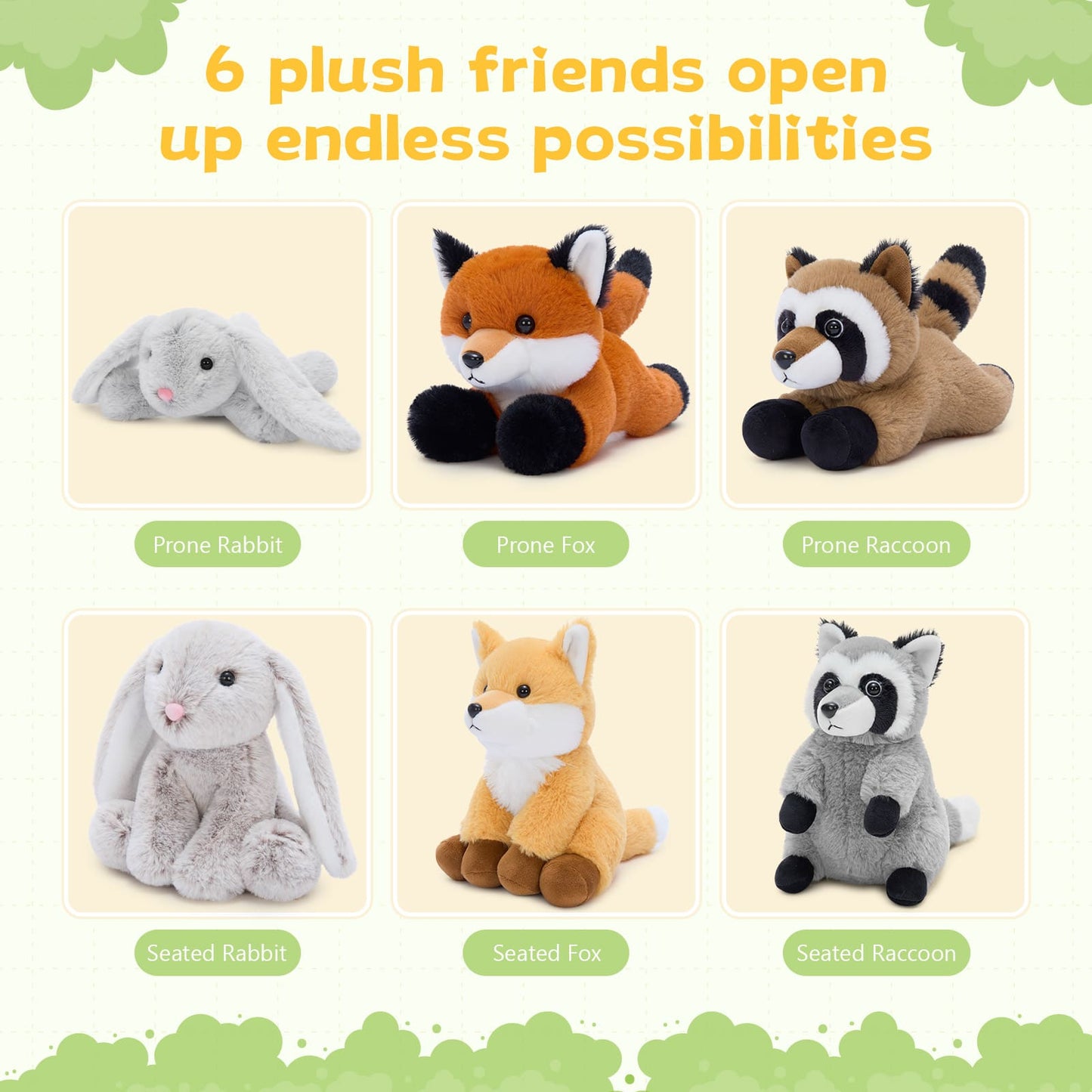 Cute woodland animal plush toy set including fox rabbit and raccoon stuffed animals made with ultra soft fabric for kids playtime nursery decoration and gifting