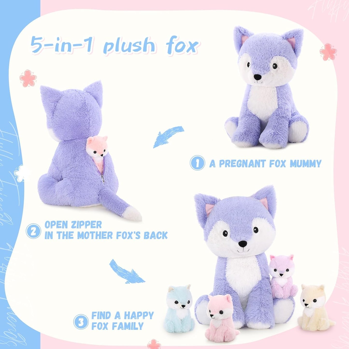 Cute Lavender Fox Plush Toys - 5 Pcs Fox Stuffed Animals Bulk - Cute Fox 19 Inches Plush Dolls - Stuffed Animal Fox Babies with Their Mom - Light Purple Fox Cushion Pillow Soft Toys - Gifts for Girls Boys