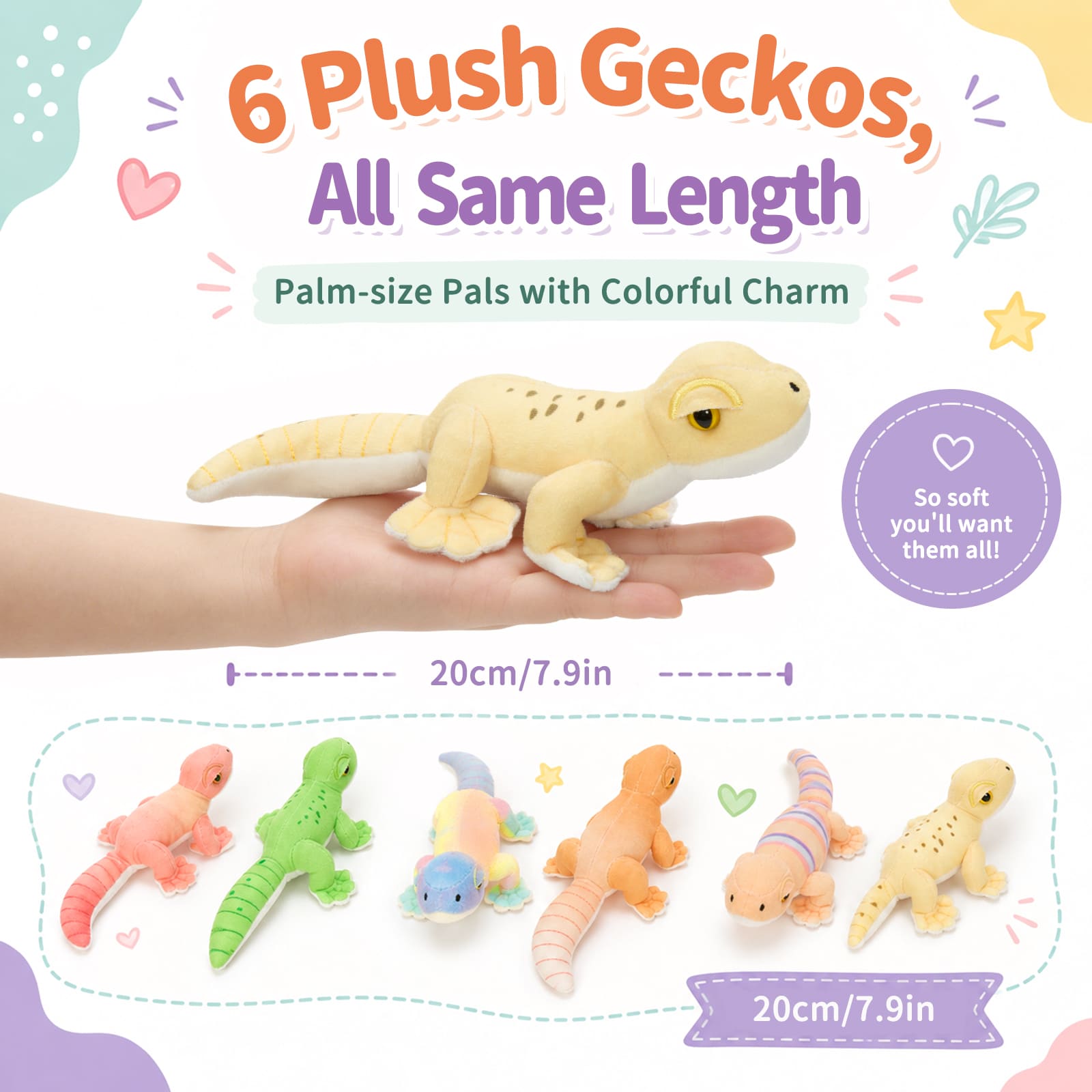 Plush Gecko Stuffed Animal Soft Colorful Gecko Toy Set, 7.9 Inches