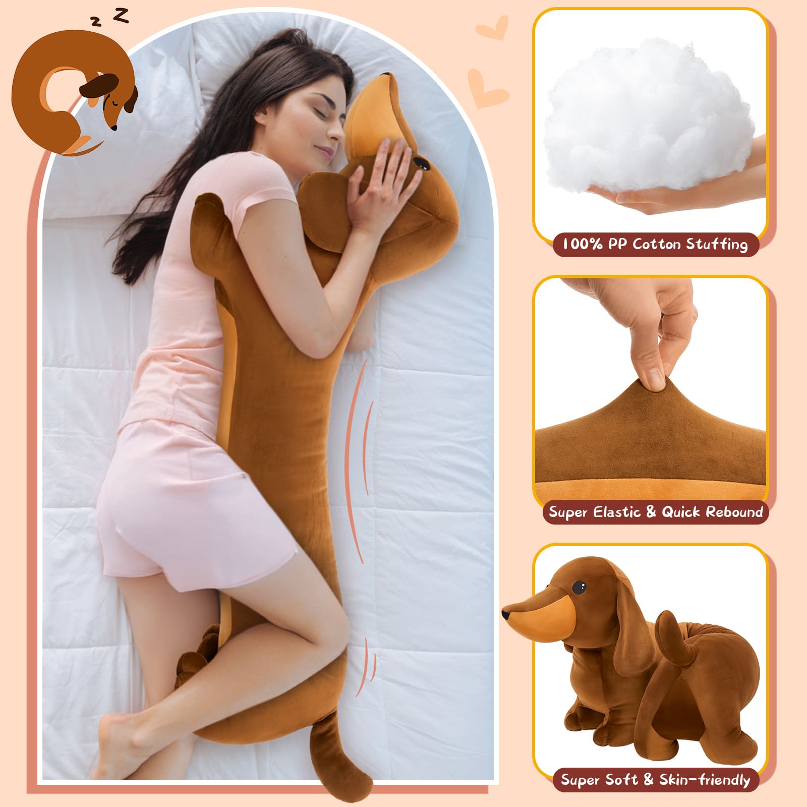 Dachshund Plush Pillow Dog Stuffed Animals, Brown/Black, 43.3 Inches