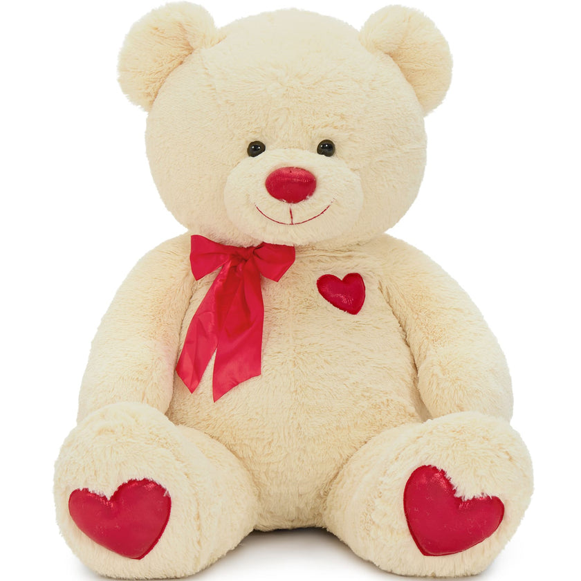 Giant Teddy Bear Plush with Red Heart & Bow, Brown/White, 47 Inches