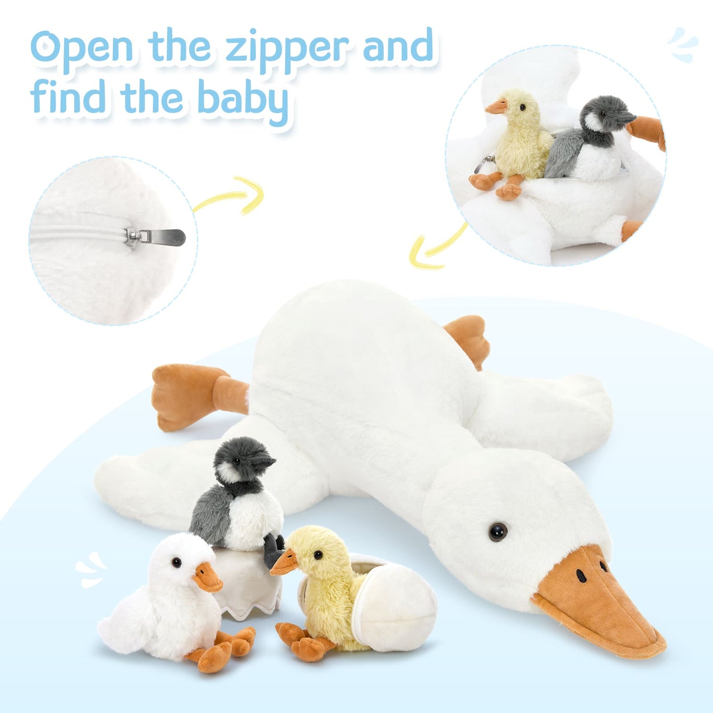 Goose Stuffed Animal with Babies&Eggs, 23.6" Large Goose Plush Hugging Pillow Soft Swan Plushies Toys Birthday Christmas for Kids Boys Girls