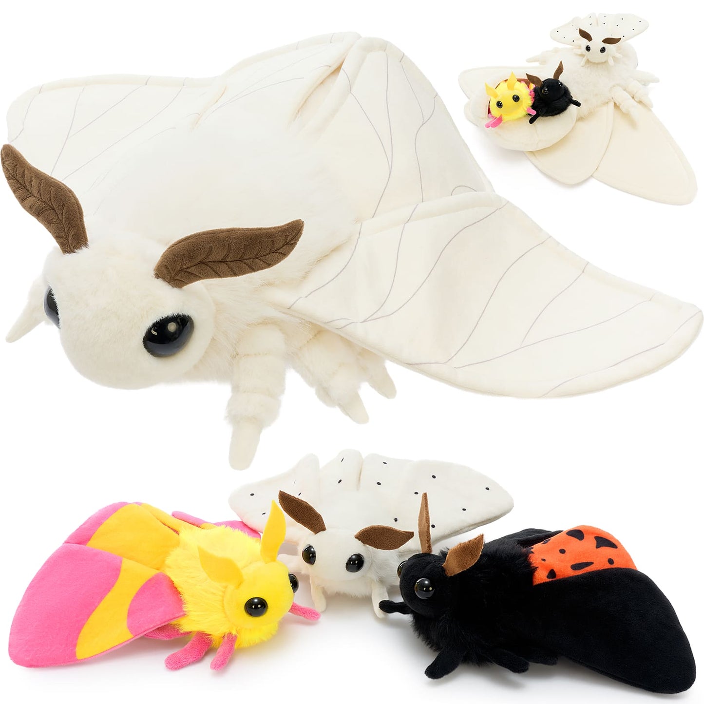 Giant luna moth plush toy set with three removable baby moths, soft white wings, brown antennae, and cute bug stuffed animals for kids, collectors, and insect lovers.