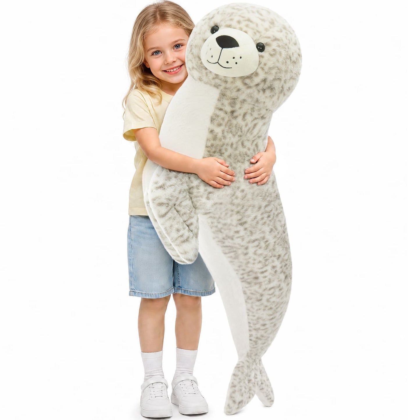 43 inch giant seal plush toy held by child, ultra soft oversized stuffed animal pillow for kids, cute large plush toy perfect for cuddling and bedtime comfort
