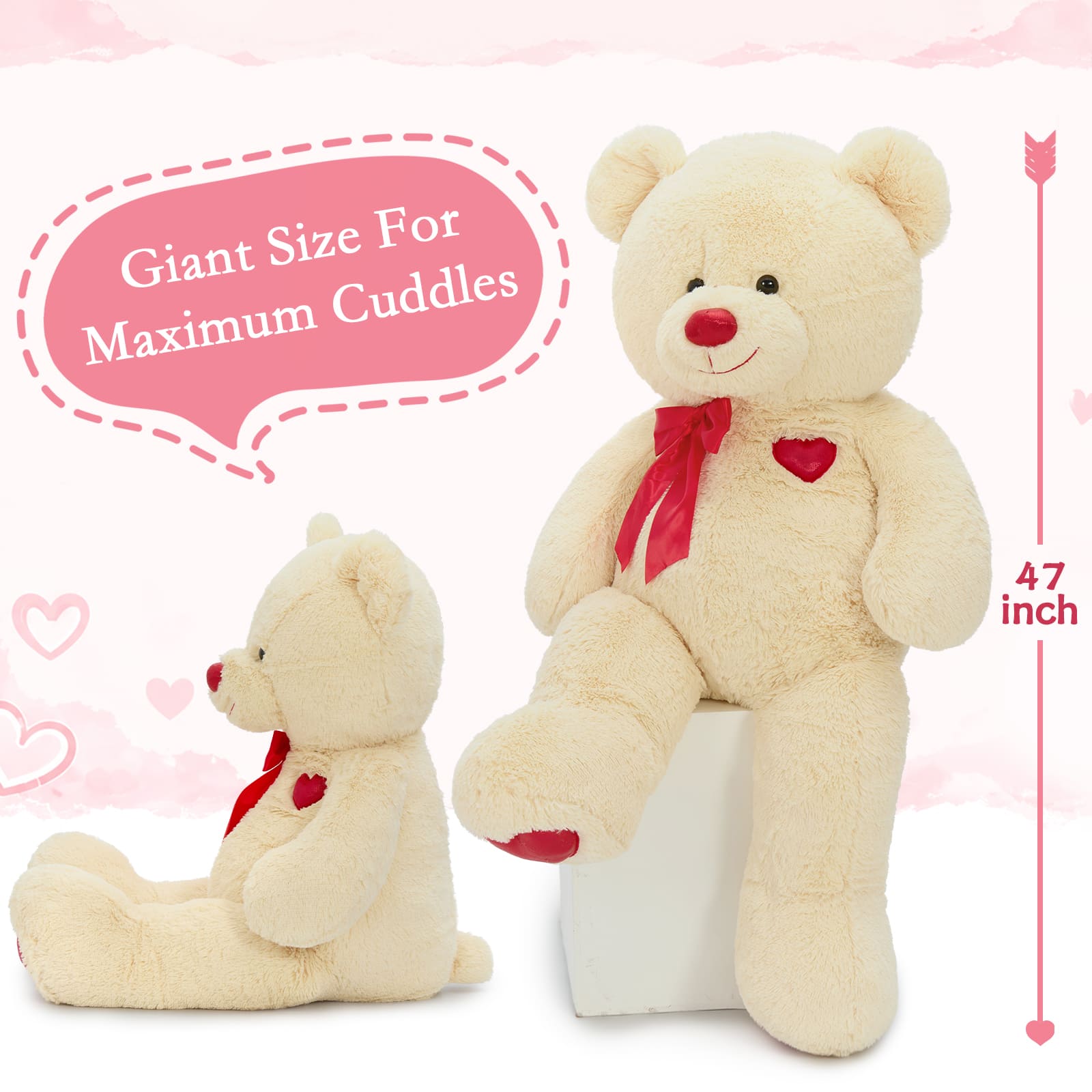 Giant Teddy Bear Plush with Red Heart & Bow, Brown/White, 47 Inches