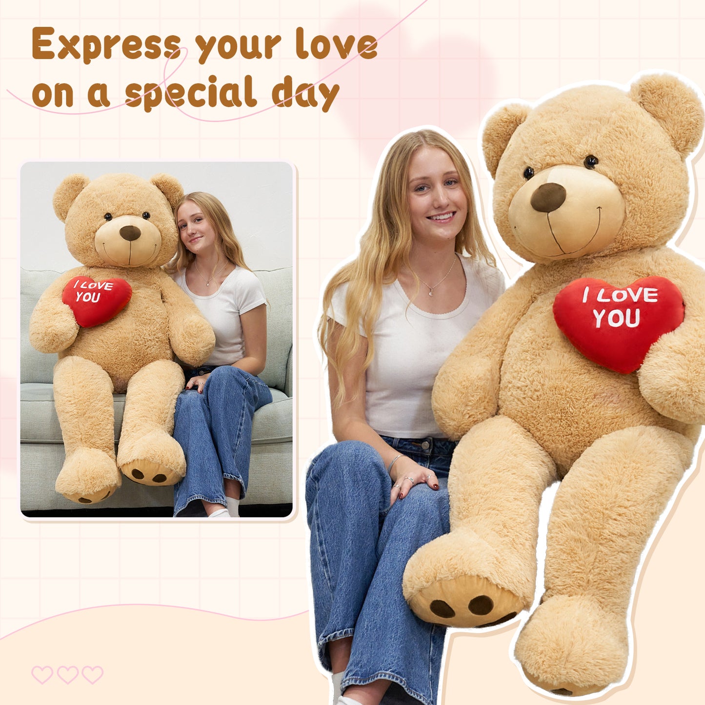 Life Size Teddy Bear Stuffed Animals - 5 Foot/6 Foot Fluffy Teddy Bear Plush Toys - Giant Brown Teddy Bear Plush Dolls - Valentine's Day Teddy Bear&Vday Gift for Girlfriend Boyfriend - Teddy Bear Theme Baby Shower - Christmas/Birthday Gift for Her/Him