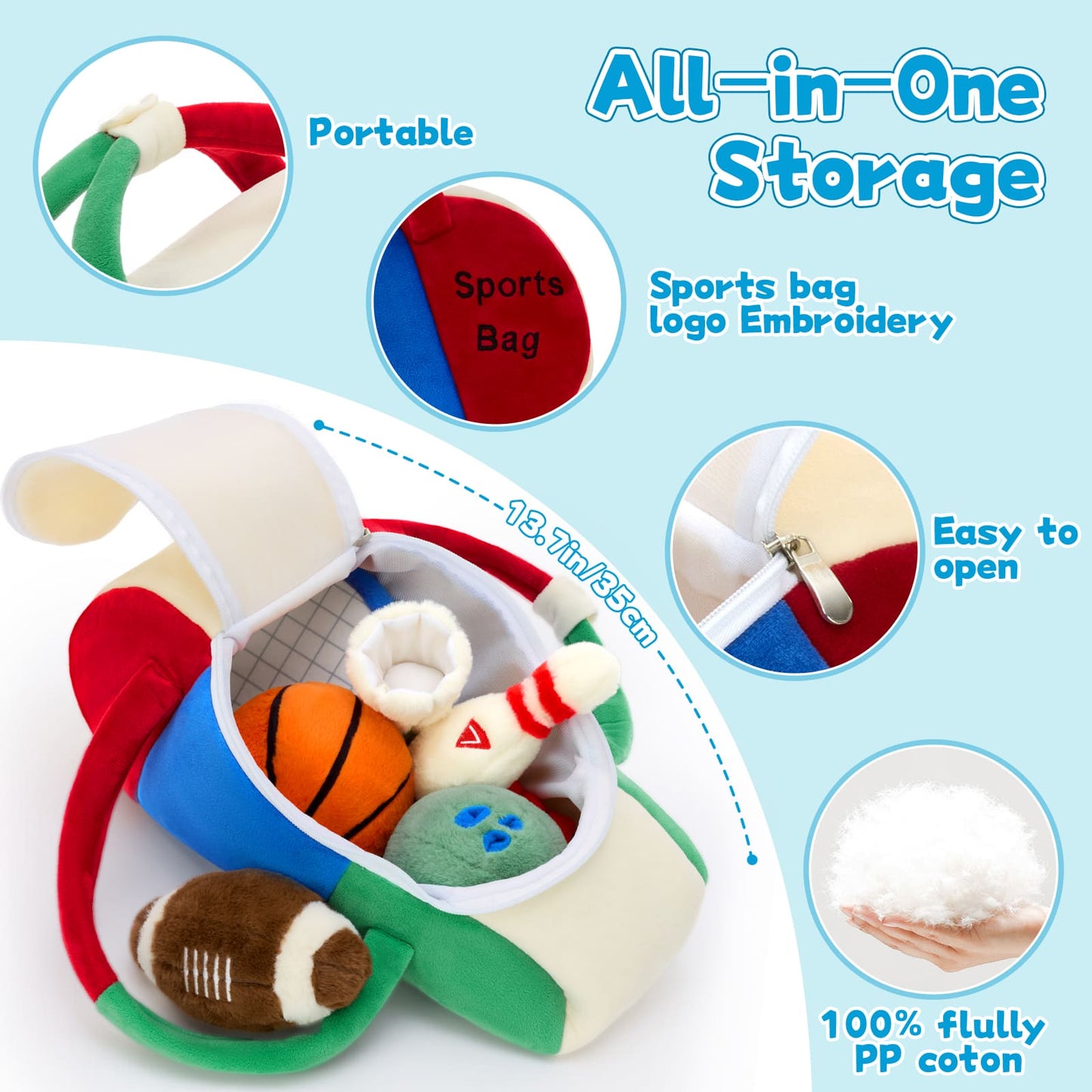 A Sport Bag, Bowling Ball, Bowling Pin, Football ( Rugby ), Tennis Racket, Shuttlecock, and a Basketball Plush Toy Set - Perfect Gift for Little Sports Fans