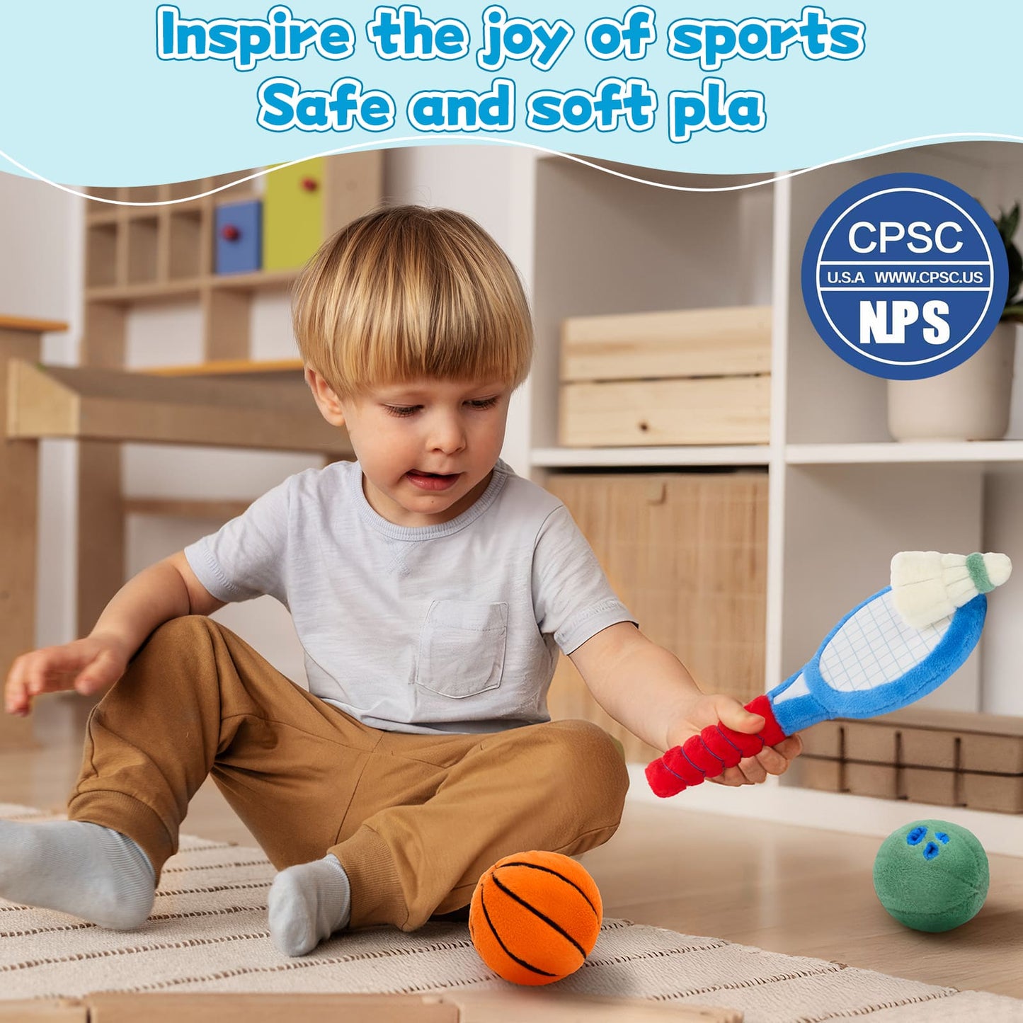 A Sport Bag, Bowling Ball, Bowling Pin, Football ( Rugby ), Tennis Racket, Shuttlecock, and a Basketball Plush Toy Set - Perfect Gift for Little Sports Fans