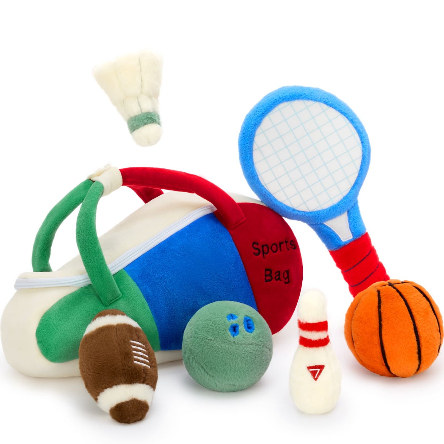 A Sport Bag, Bowling Ball, Bowling Pin, Football ( Rugby ), Tennis Racket, Shuttlecock, and a Basketball Plush Toy Set - Perfect Gift for Little Sports Fans