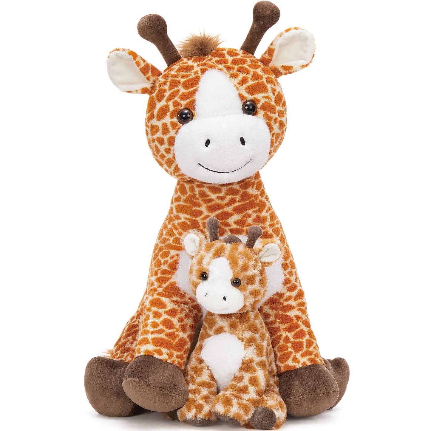 Soft plush mama giraffe stuffed animal sitting with matching baby giraffe plush toy, featuring realistic giraffe patterns, cuddly fabric, and adorable embroidered smile, perfect for kids, nursery decor, and baby shower gifts.