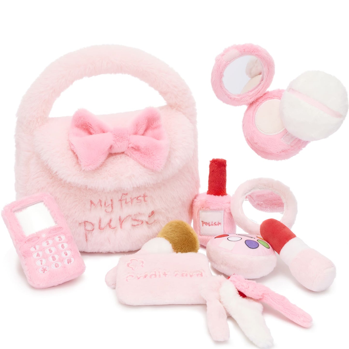 Soft pink toddler purse plush playset with pretend makeup accessories including toy phone, lipstick, mirror, credit card, nail polish, and compact for imaginative role play.