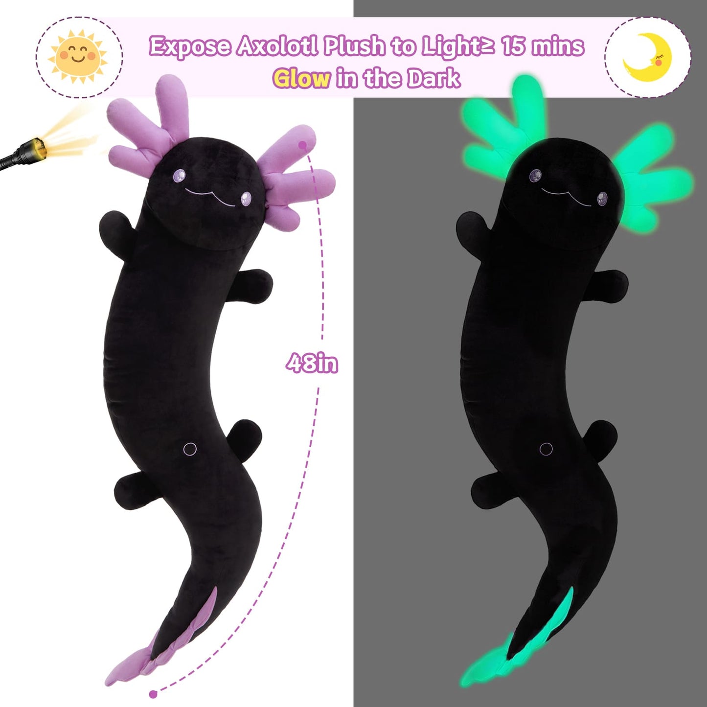 Glowing axolotl plush toy with light exposure instructions on a white background