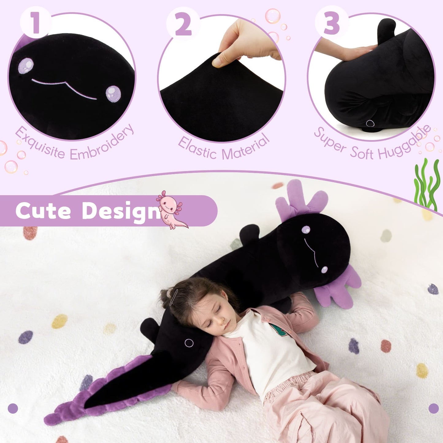 Black and purple plush toy resembling a whale with a child lying on it, on a light purple background with text about product features.