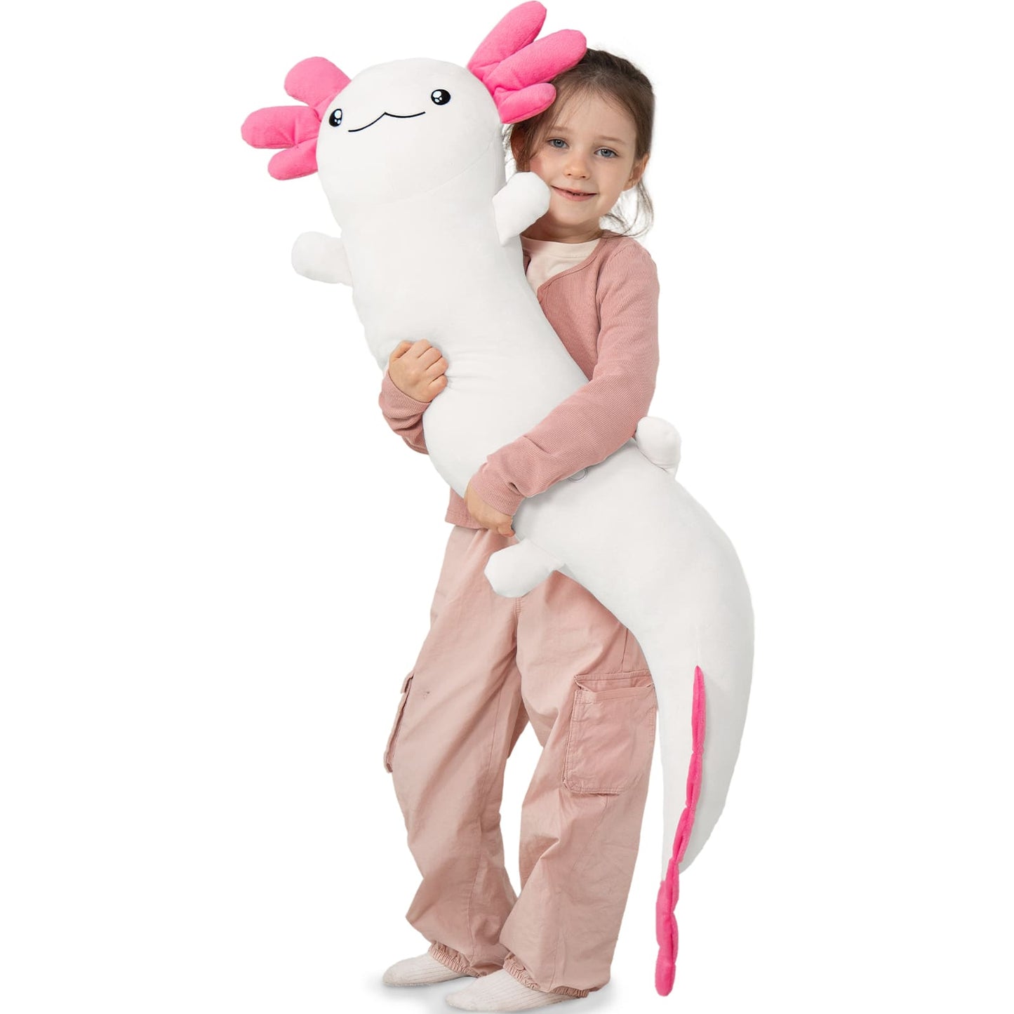 Giant Cozy Axolotl Long Throw Pillow, Red/Pink/Mint Green/Blue, 48 Inches