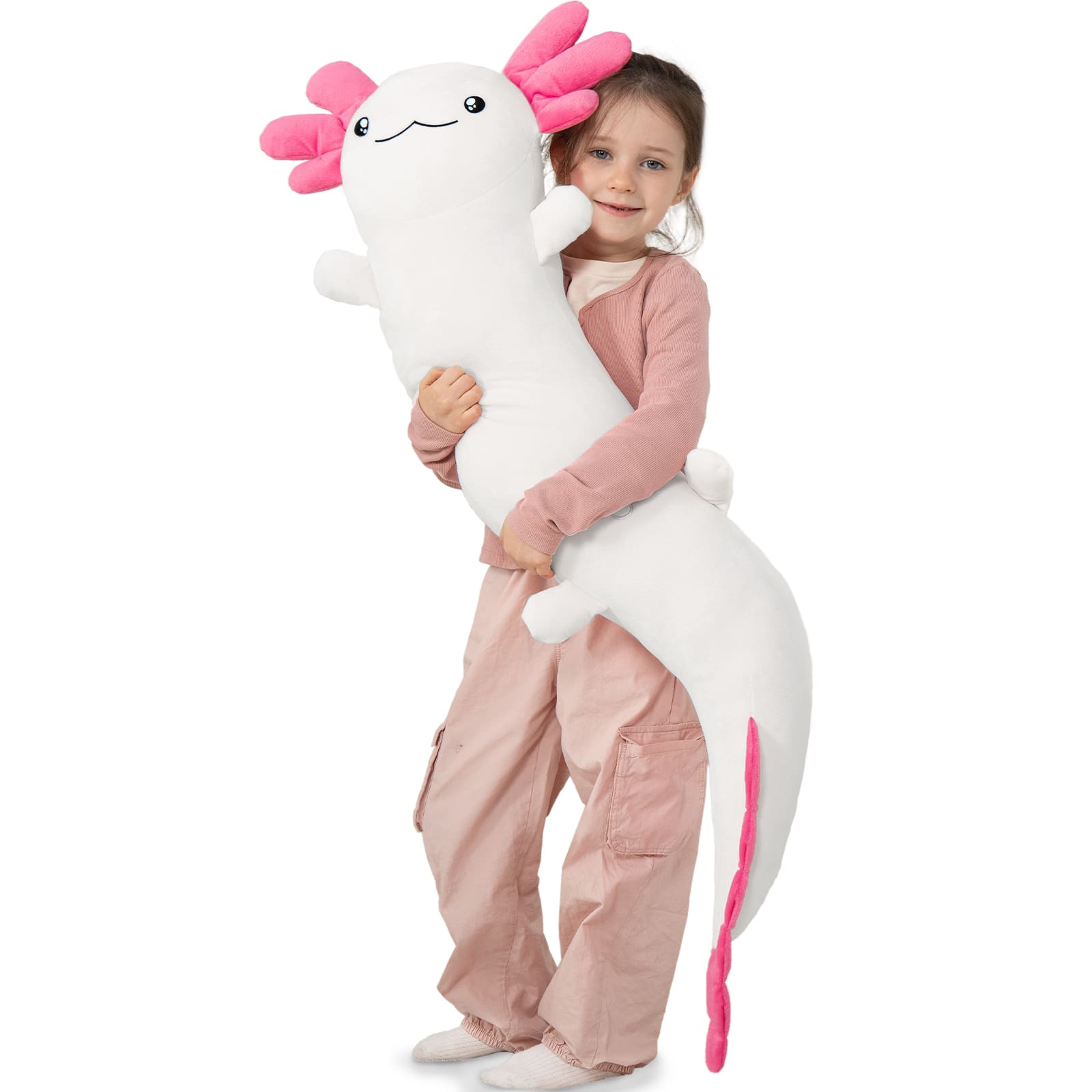 Giant Cozy Axolotl Long Throw Pillow, Red/Pink/Mint Green/Blue, 48 Inches