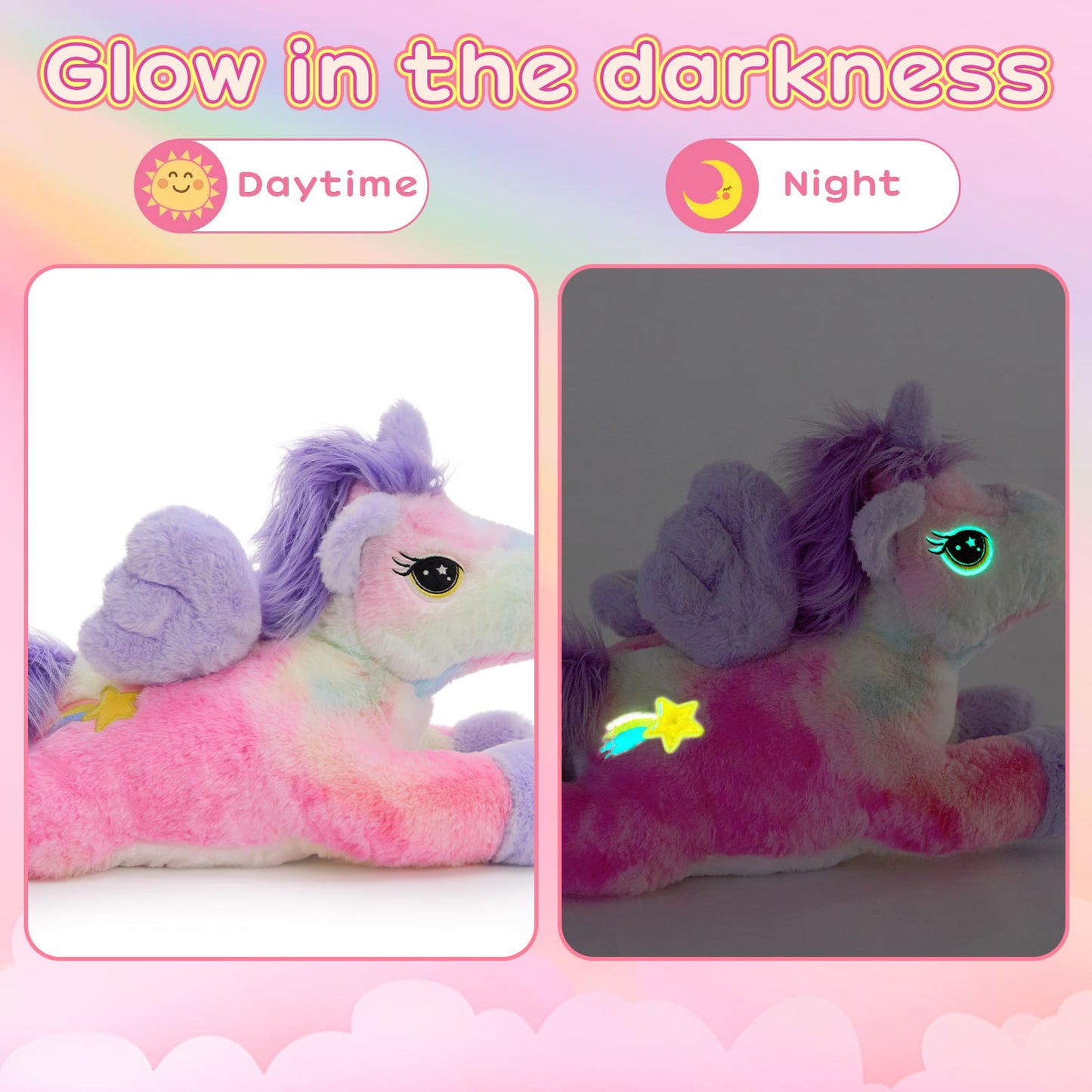 Light night unicorn plush toy set with glowing eyes and star, soft pastel rainbow stuffed unicorns, cute plush unicorn gift for kids and girls