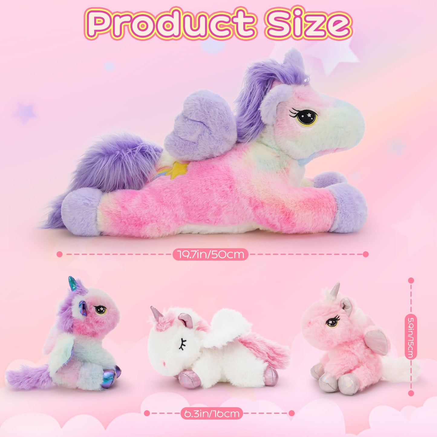 Light night unicorn plush toy set with glowing eyes and star, soft pastel rainbow stuffed unicorns, cute plush unicorn gift for kids and girls