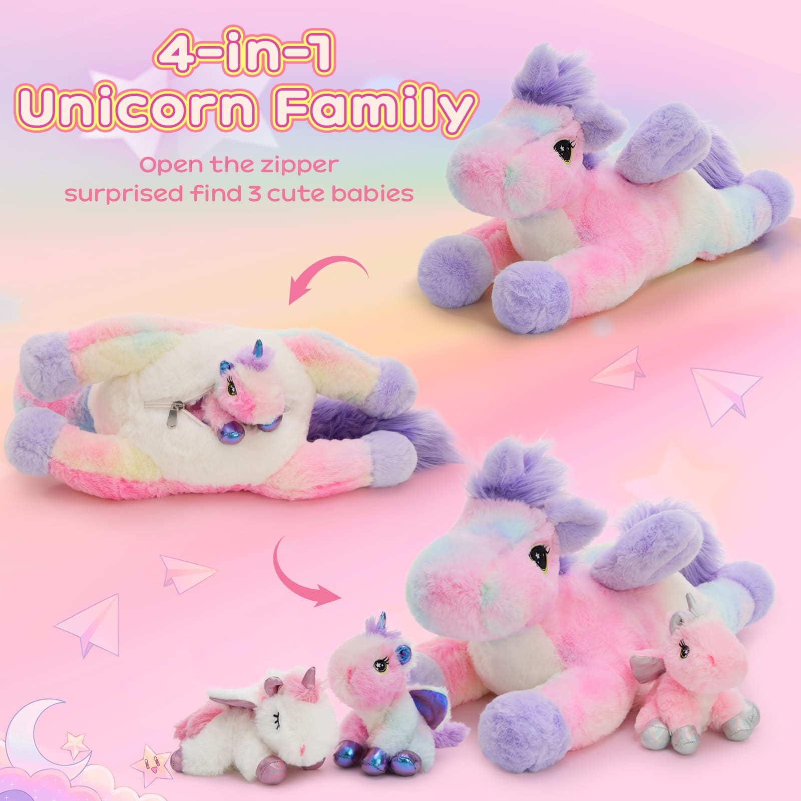 Colorful Unicorn Stuffed Animals with Babies Inside, 19.7 Inches
