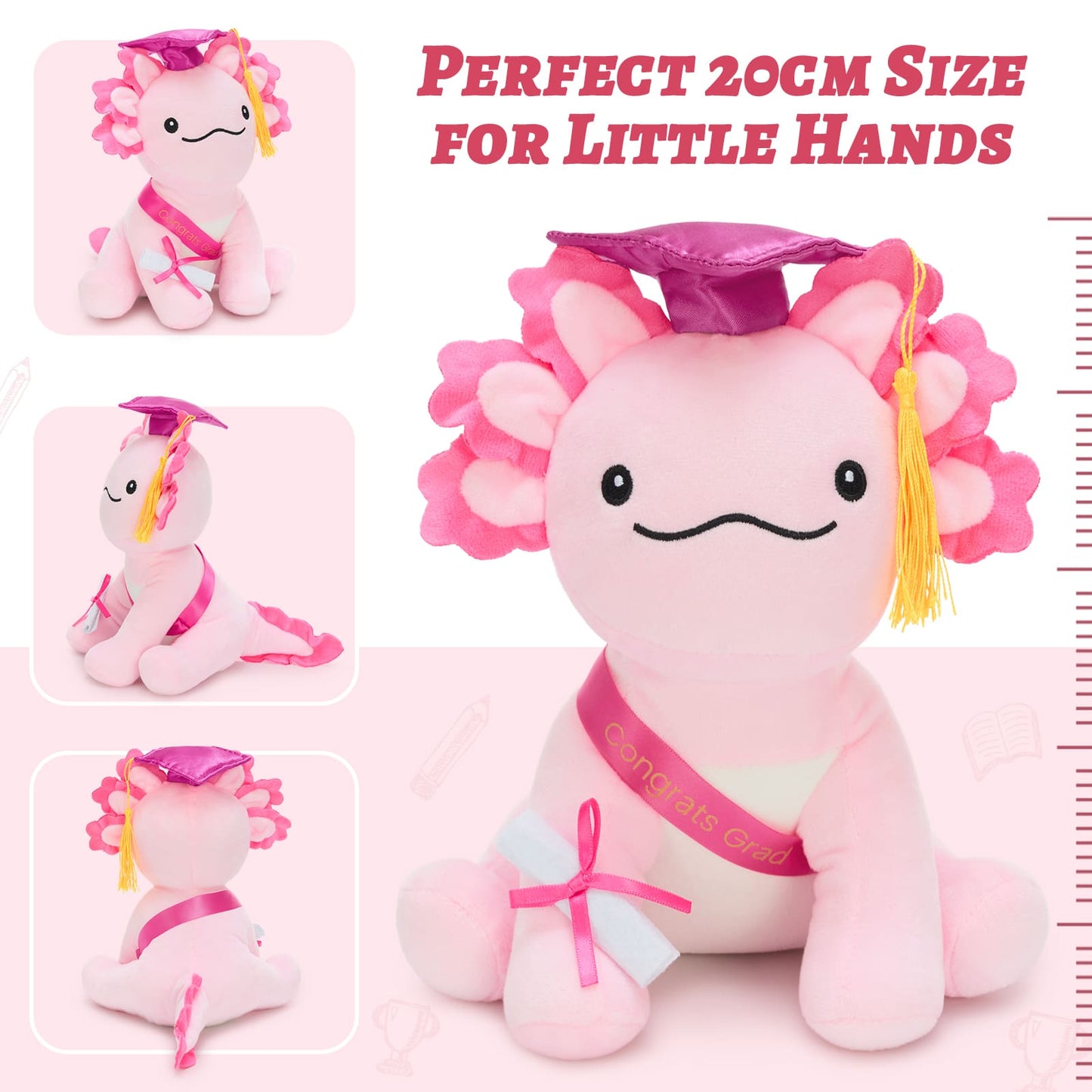 Cute pink axolotl graduation plush wearing a black mortarboard and bright graduation sash, holding a certificate, ideal for celebrating high school or college graduation achievements.