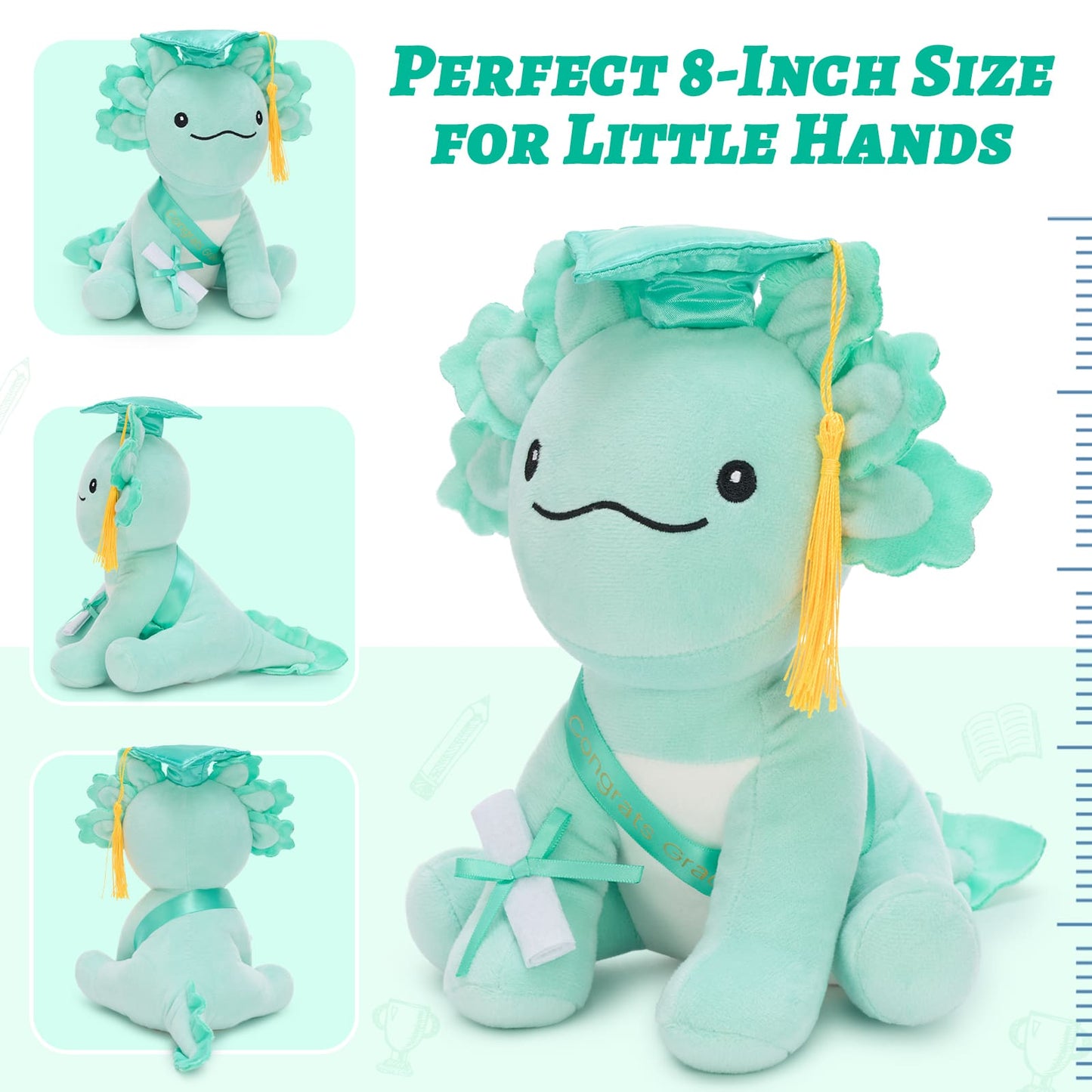 Funny graduation-themed axolotl plush toy with detailed cap and certificate, perfect as a collectible stuffed animal gift for college and high school graduates.