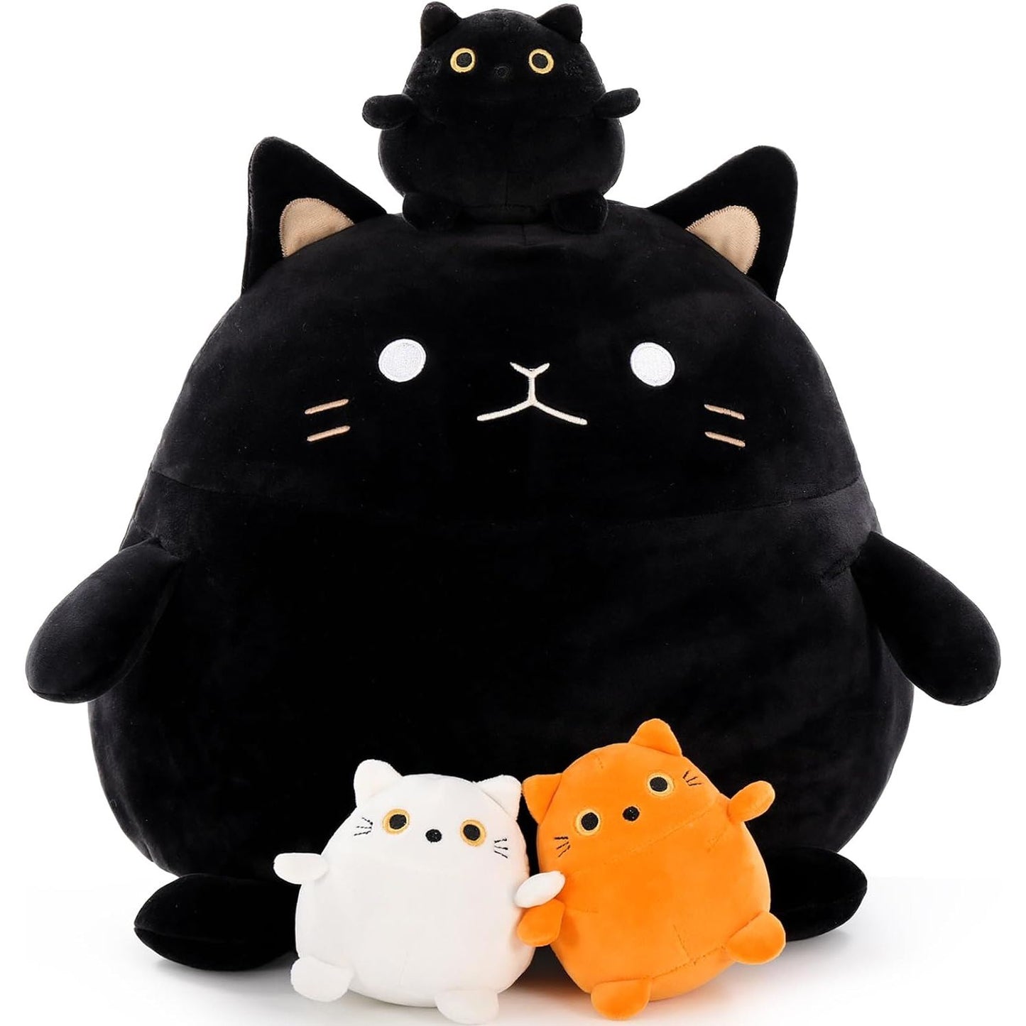 Black Fat Cat Plush Toys, 15.75 Inches - MorisMos Stuffed Animals - Free Shipping - Stuffed Animal Babies with Their Mom - Black Cat Plush Toys - Cute Cartoon Cat Plush Pillows for Bed/Sofa - Cozy Cushion Pillows - Cartoon Pillows for Kids Teens Adults - Birthday Gift for Friends