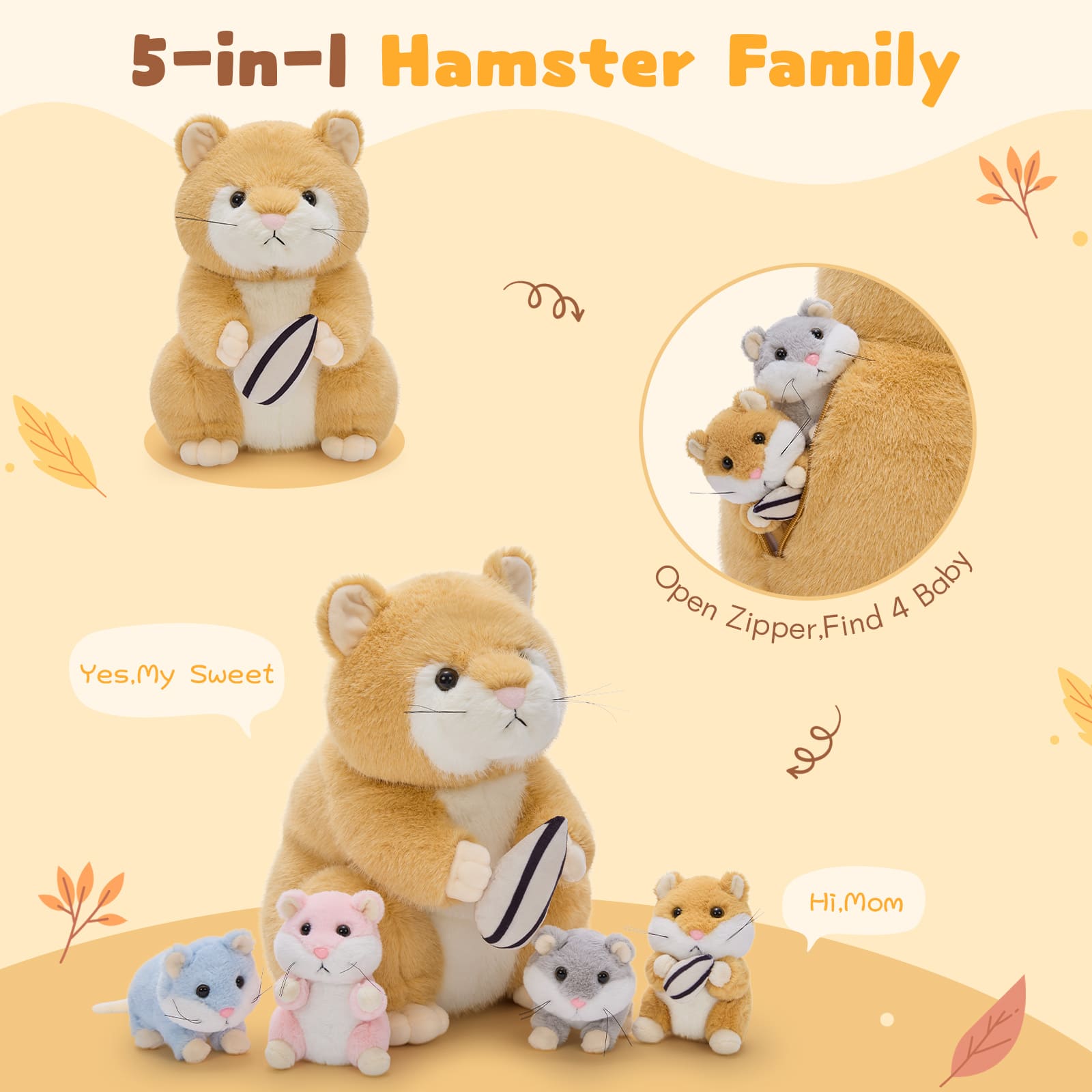 5 Pack Hamster Stuffed Animals with Babies, 12.6 Inches