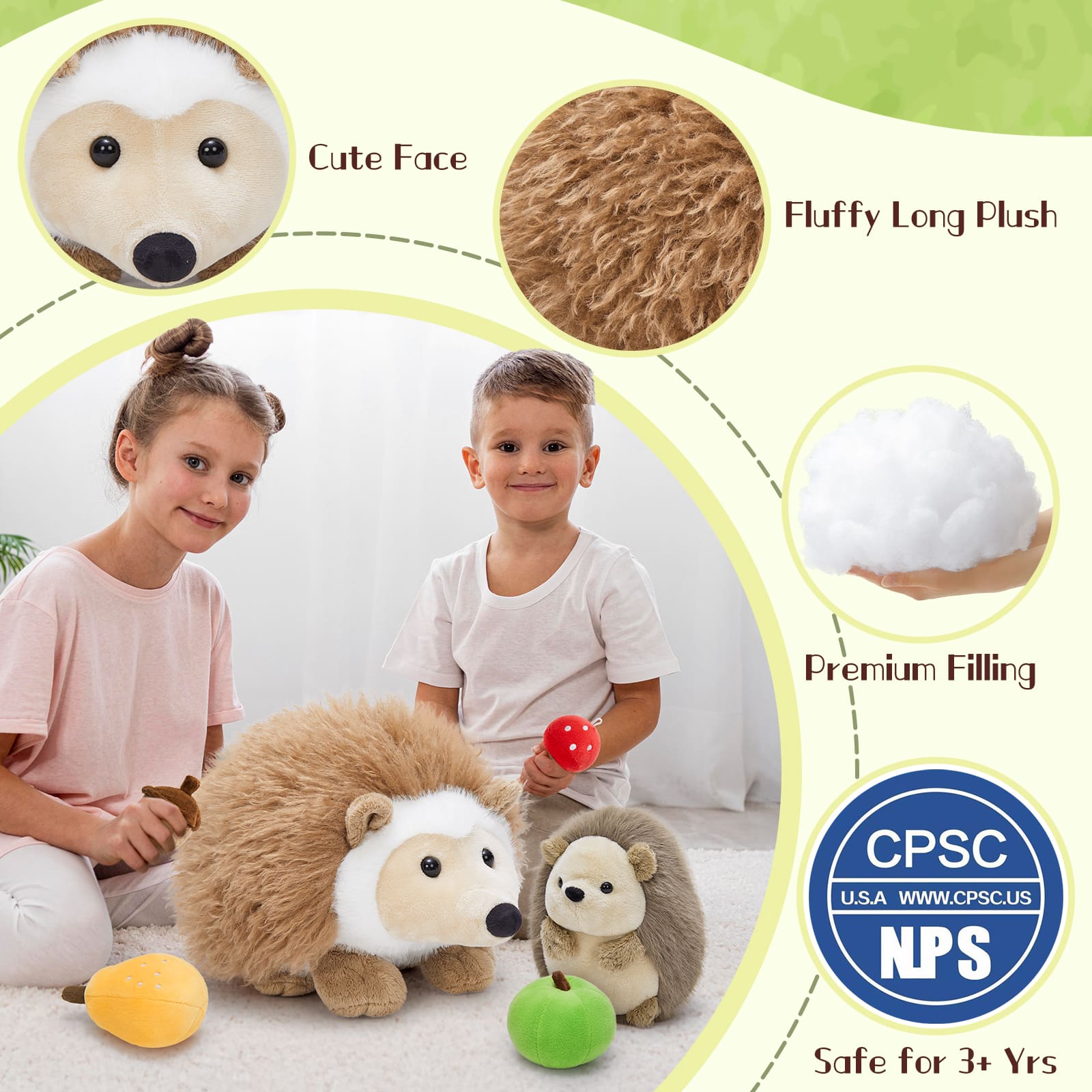 Stuffed Hedgehog with Baby & 4 Fruits Plushies, 15.7 Inches