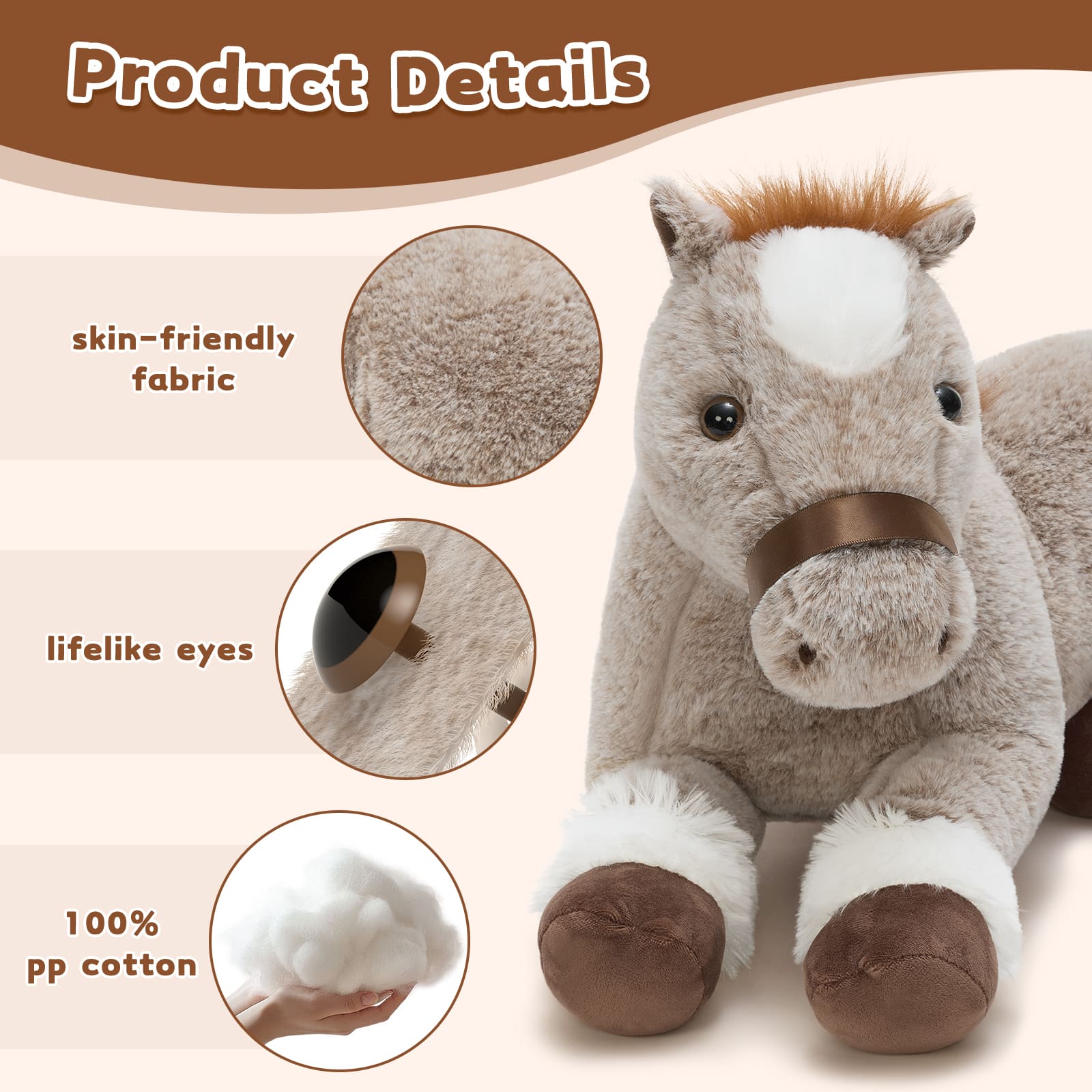 Horse Stuffed Animals Pony Plush Toys, Black/Brown, 17.72 Inches