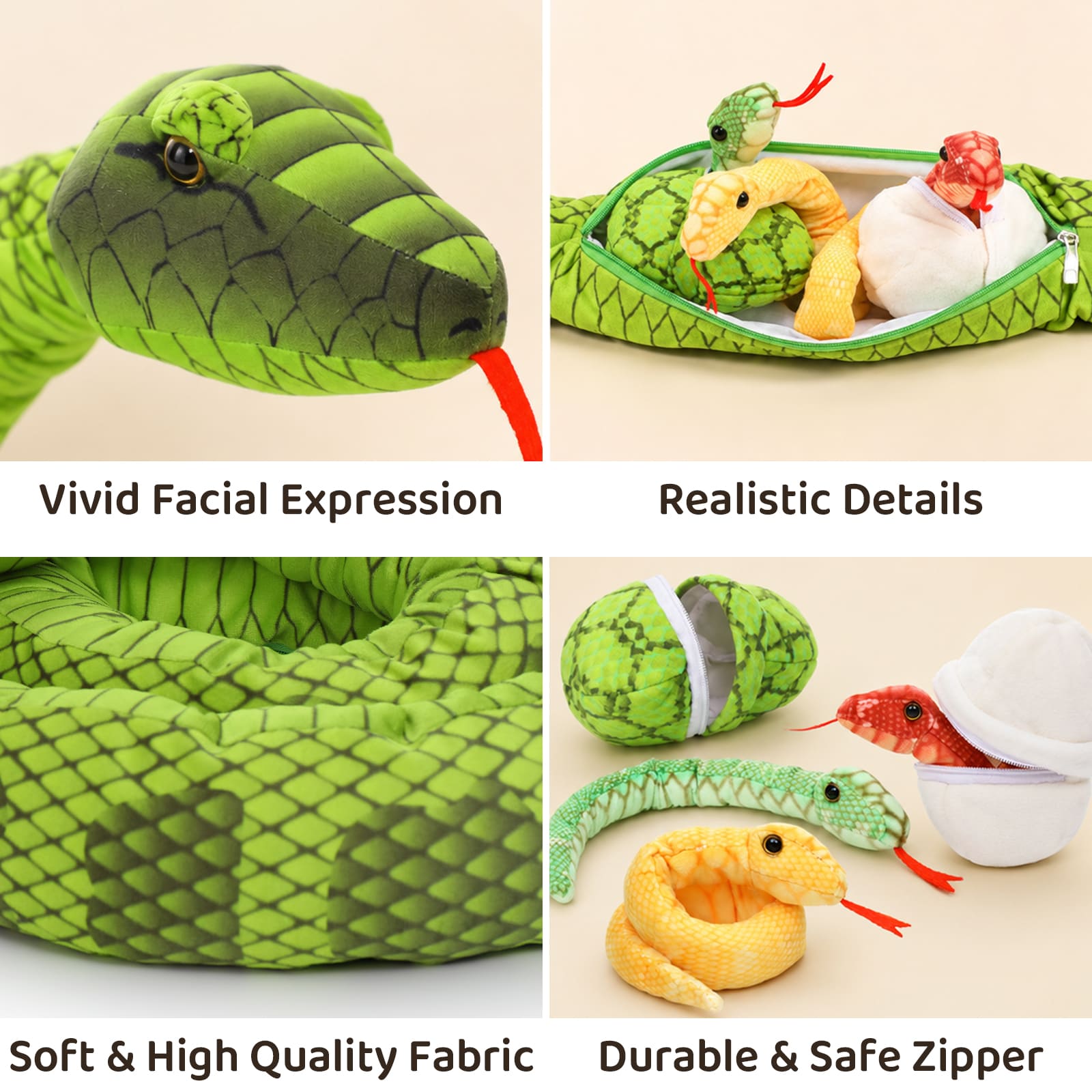 Snake Stuffed Animal Toy Set, Green/Yellow/Red/Pink/Brown, 79/118 Inches