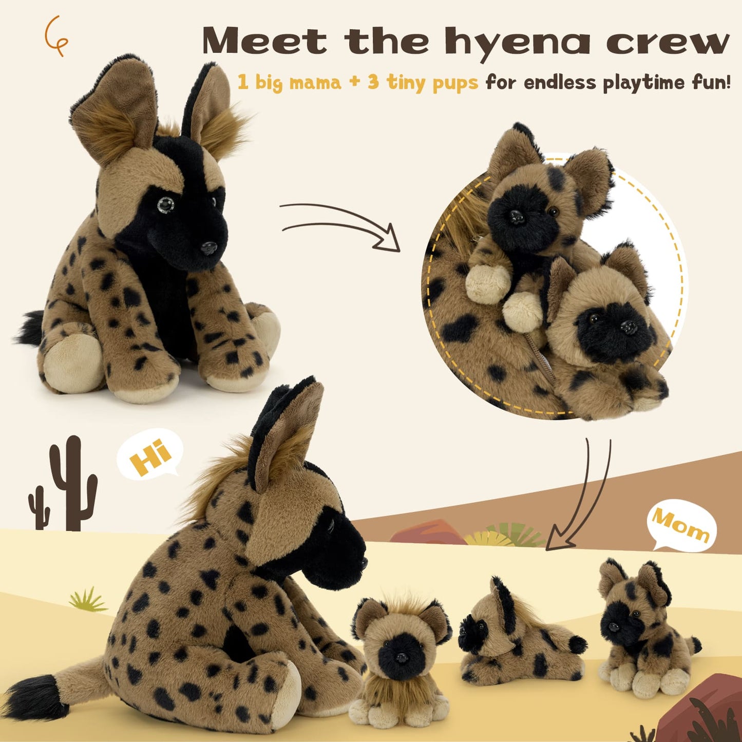 Plush hyena toys with text indicating a 'big mama' and '3 tiny pups' for playtime fun.