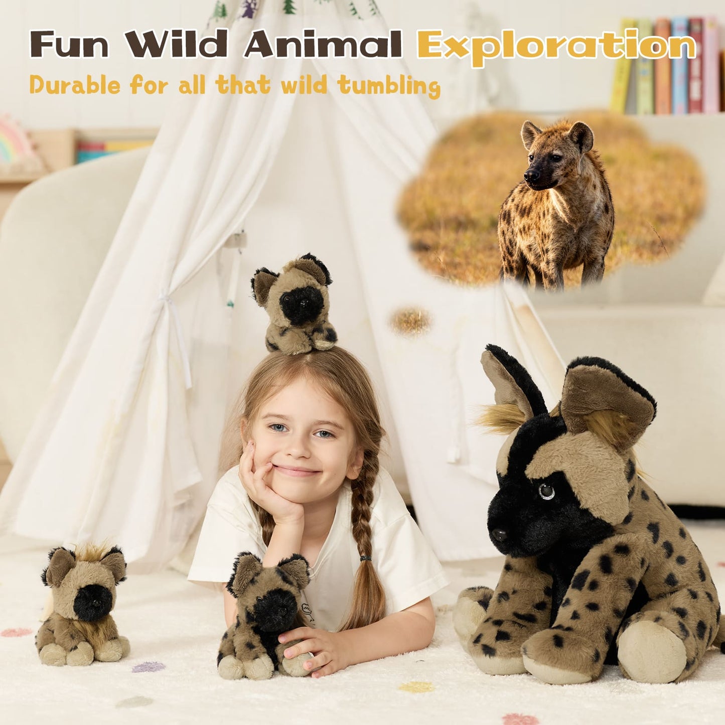 Child playing with hyena plush toys in a room with a white canopy bed.