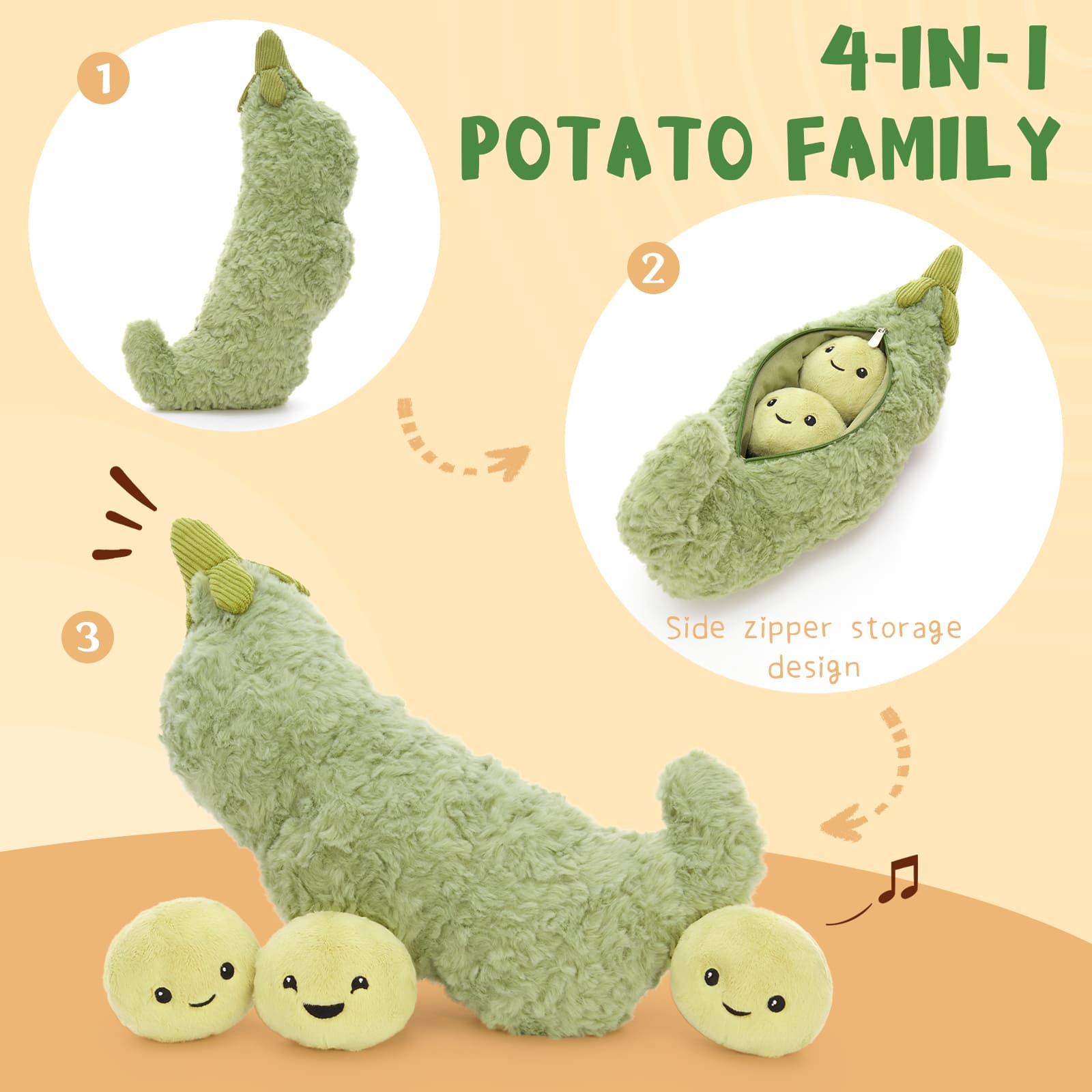 15.7 Inch Lifelike Pea Pod Plush Toy with 3 Removable Beans