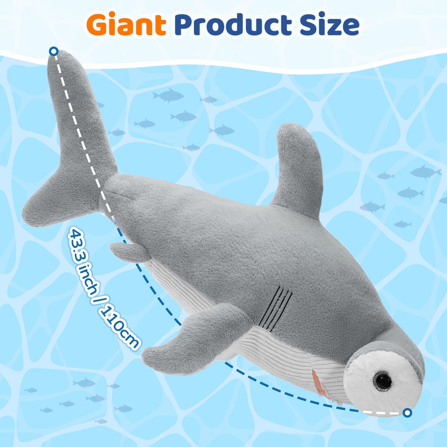 Giant 43.3” Hammerhead Shark Plush Toy – Ultra Soft, Jumbo Stuffed Animal for Kids, Huge Cuddly Shark for Playtime, Bedroom Décor & Gifting
