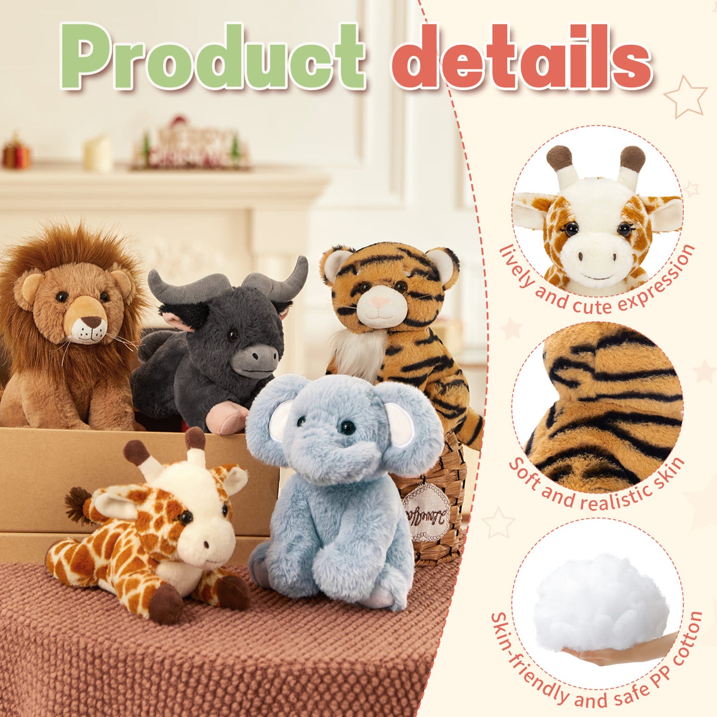 5 Pcs Jungle Stuffed Animals Bulk - 8.5 Inches Mini Safari Plush Toys - Elephant/Tiger/Lion/Giraffe/Highland Cow Forest Plush Dolls - Cute Jungle Plush Dolls for Kids 3+