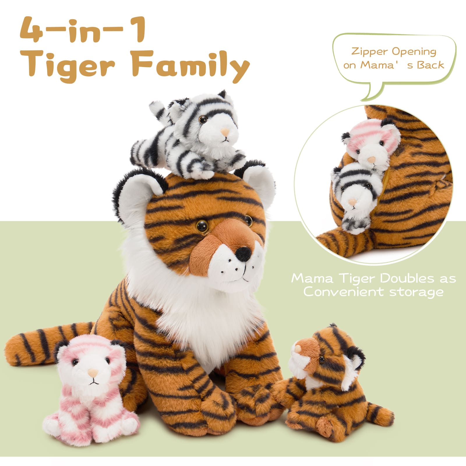 Tiger Family Plush Toy Set 13" Stuffed Tiger With Three 4.7" Baby Tigers