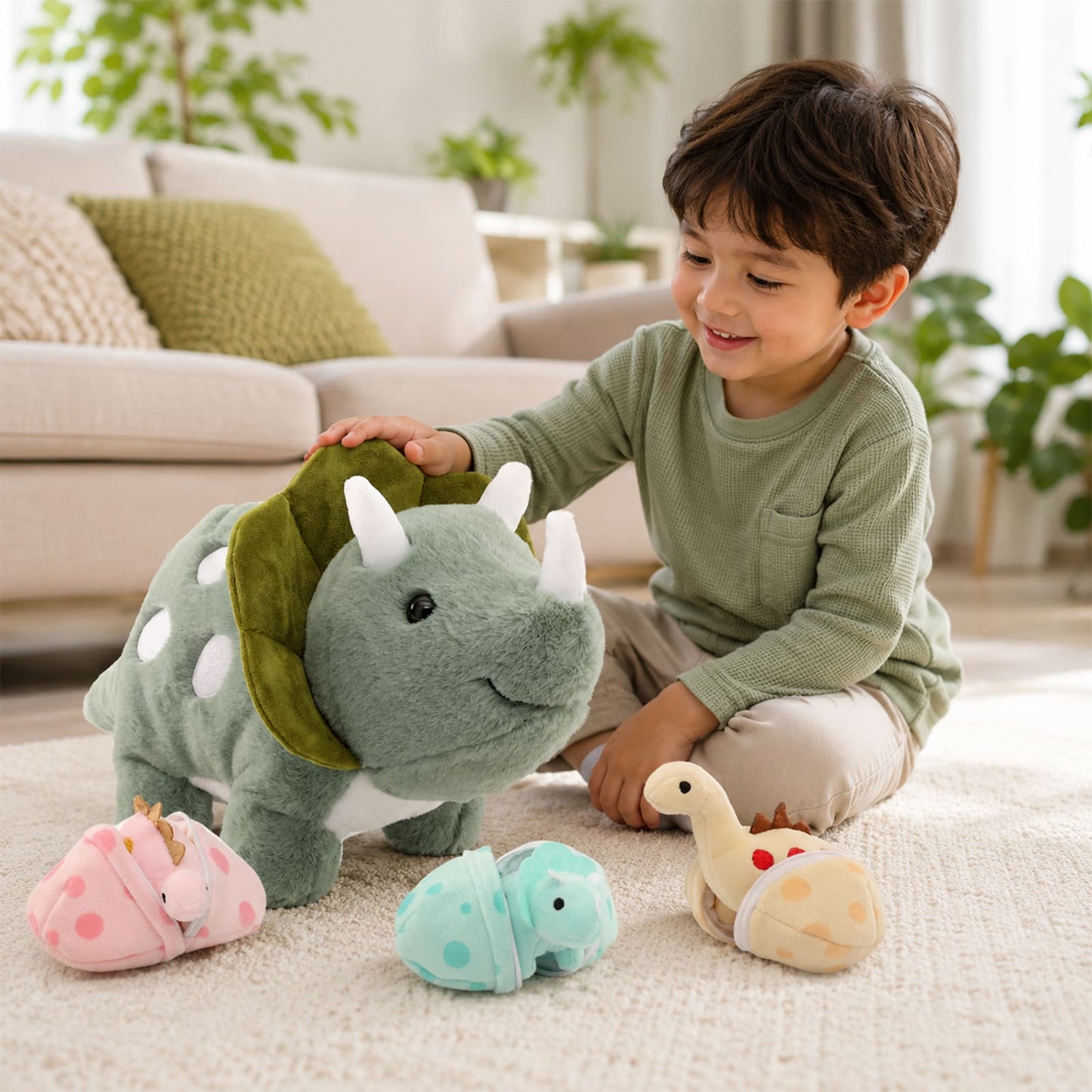 Dinosaurier-Plüschtier mit 3 Baby-Dinosauriern, 17,6 Zoll