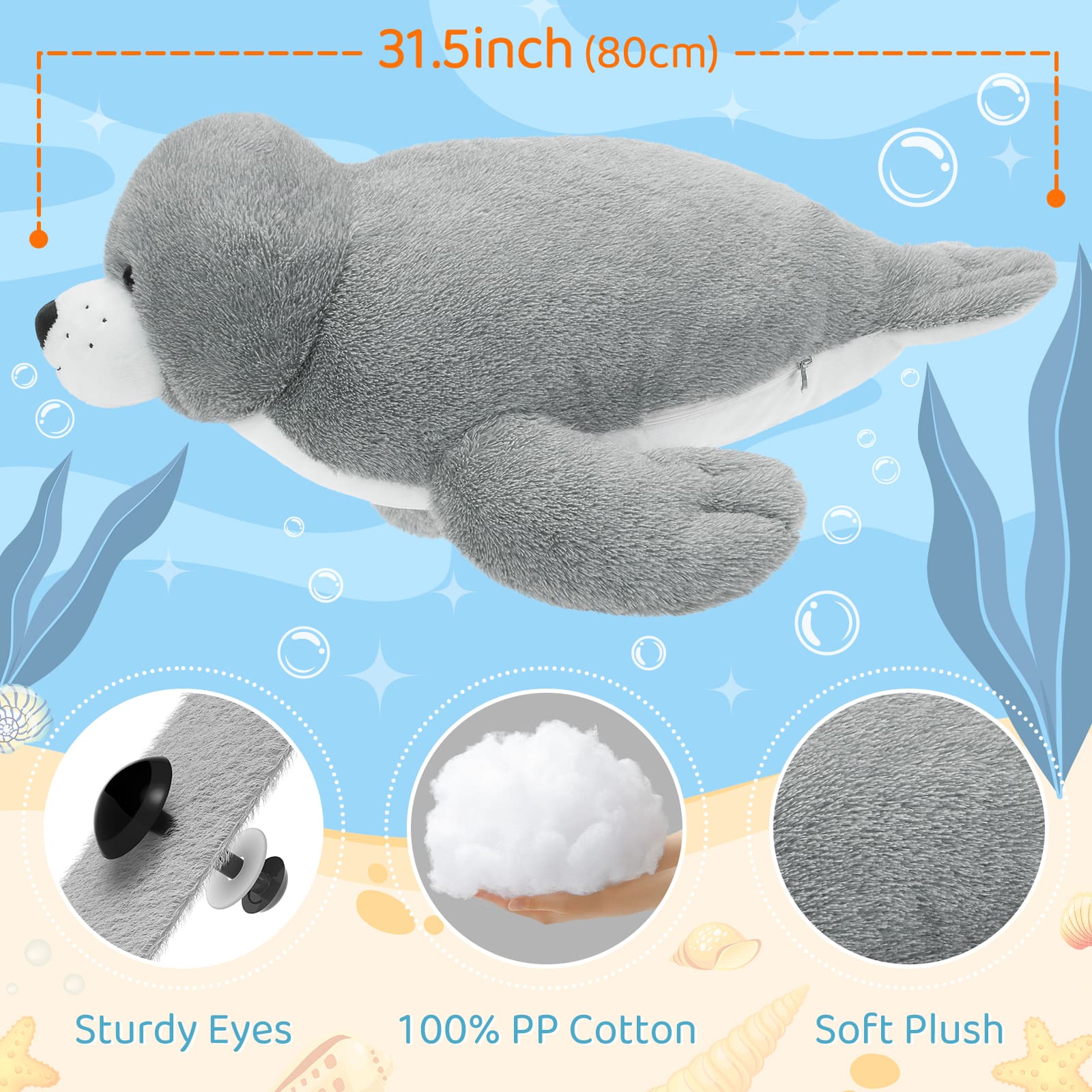 Seal Stuffed Animals Ocean Plush Toys, Grey, 31 Inches