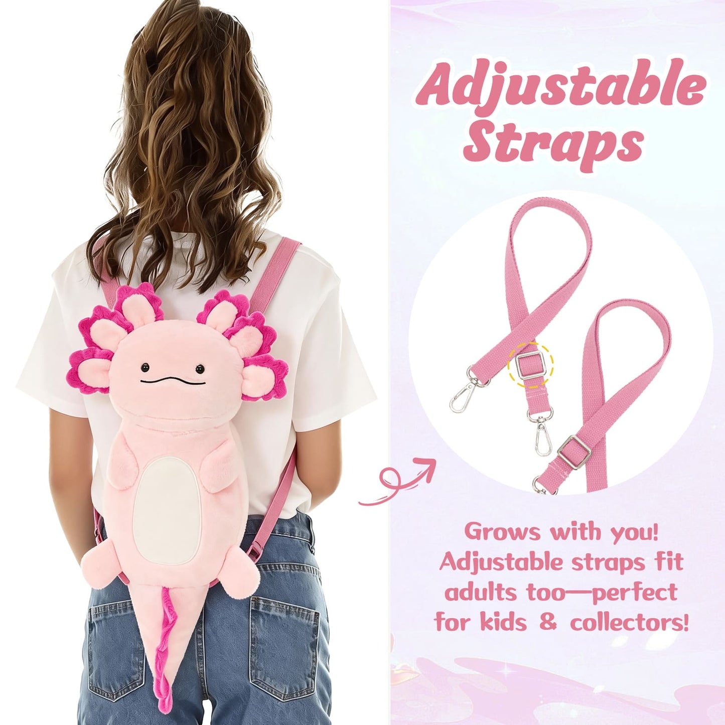 Person wearing a pink axolotl plush backpack with adjustable straps, shown from behind.