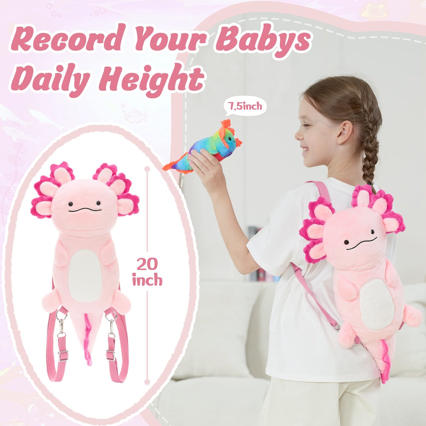 Child holding a pink axolotl plush toy with measurement details on a light background