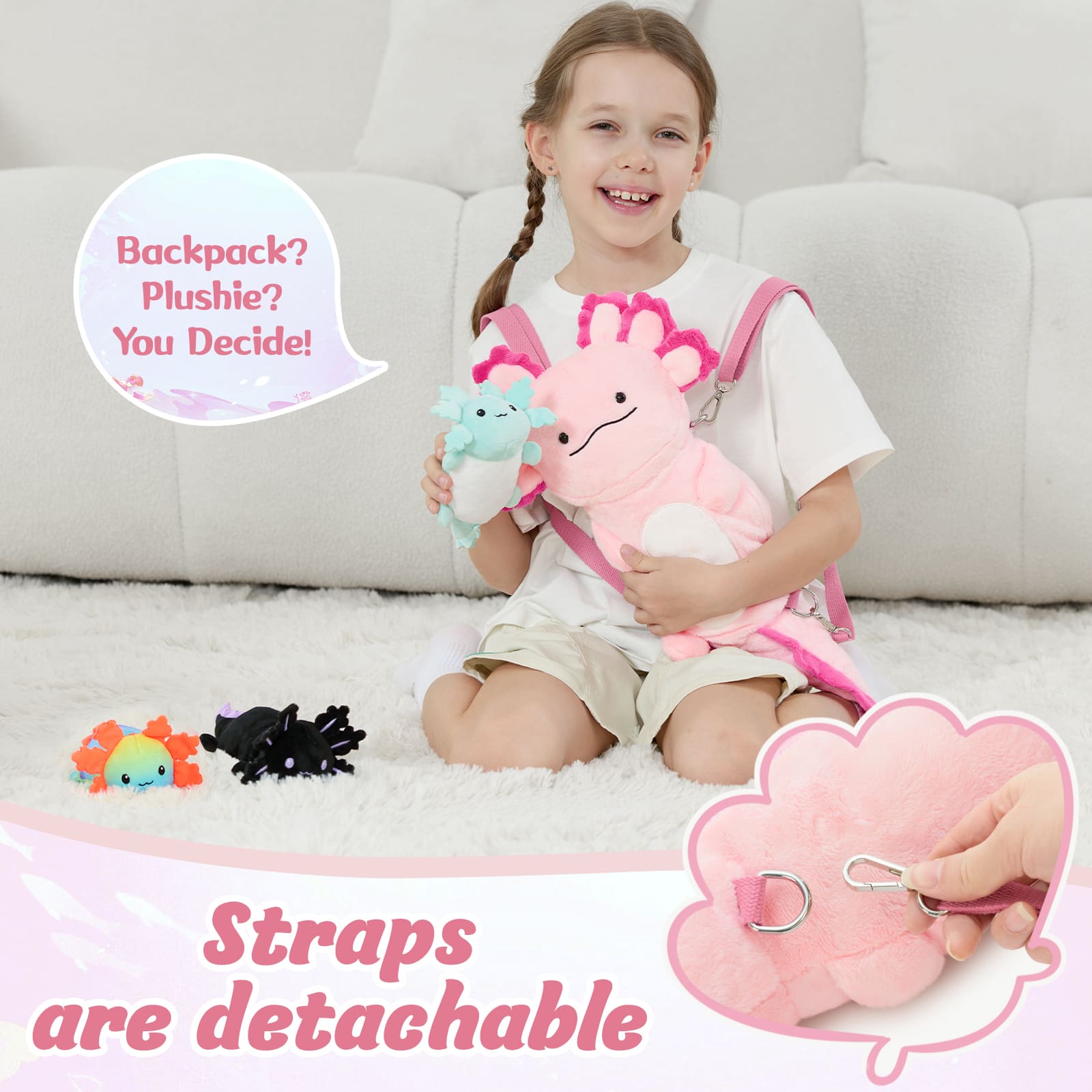 Plush Axolotl Backpack with Three Mini Axolotl Plushies Inside