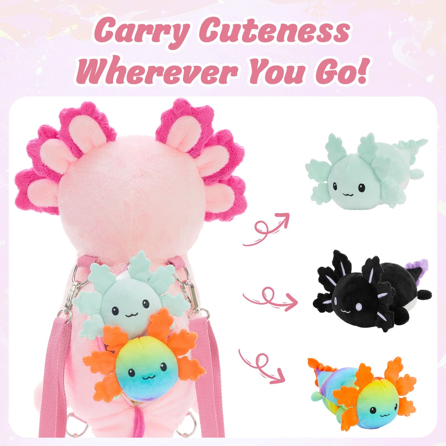 Plush toy set with a pink backpack and small plushies on a light pink background.