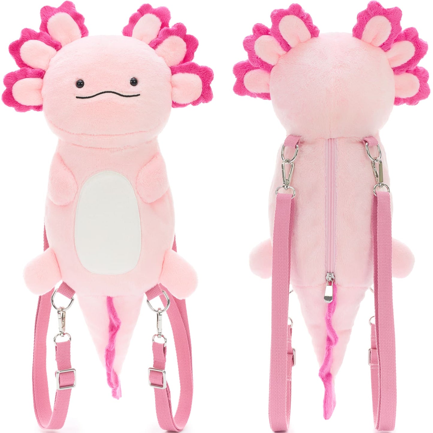 Pink axolotl plush toy with a leash on a white background