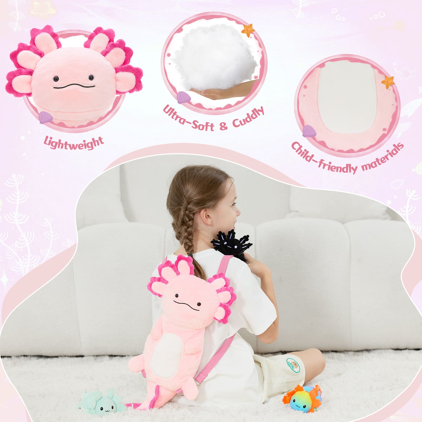Plush Axolotl Backpack with Three Mini Axolotl Plushies Inside