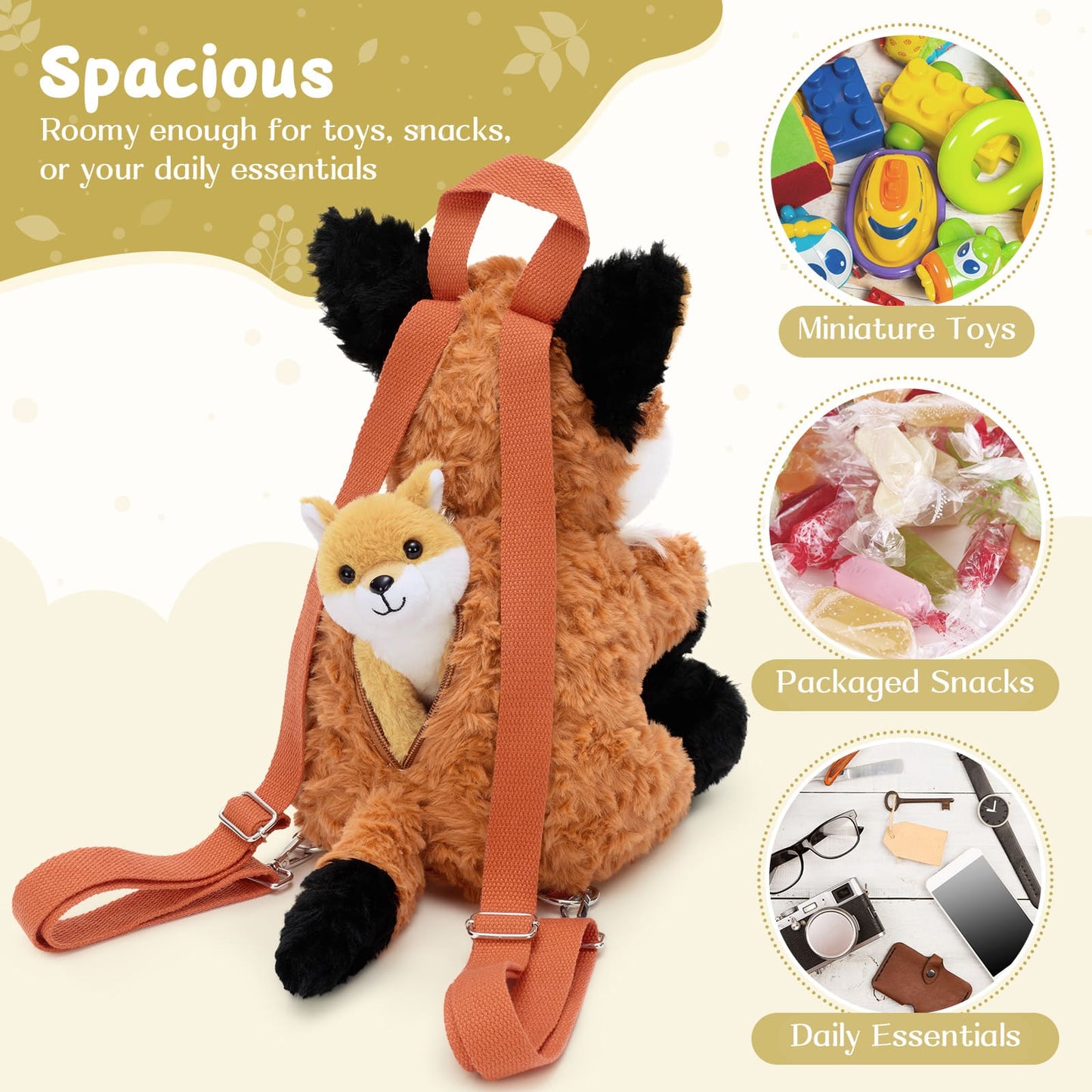 Kids fox plush backpack with three mini stuffed fox toys, lightweight and cute
