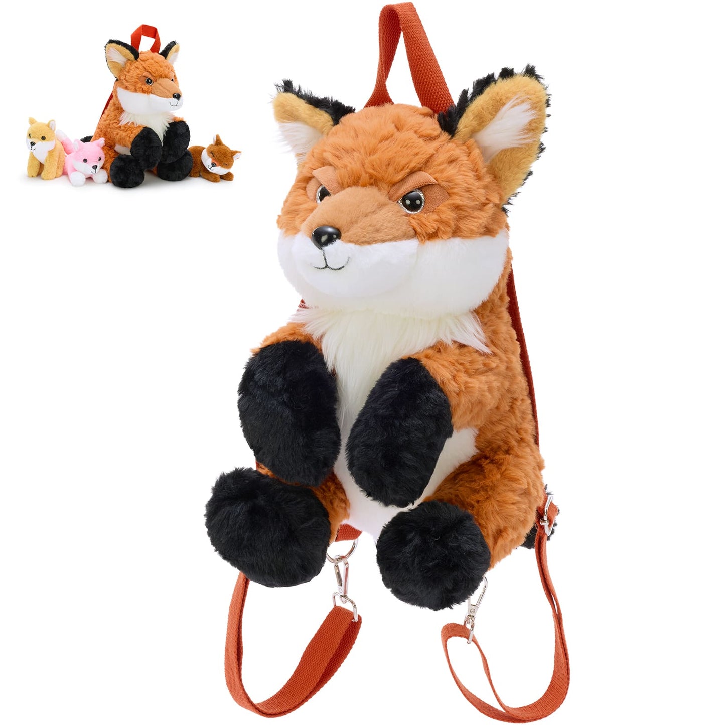 Cute fox plush backpack with three small baby fox toys, perfect for kids and school