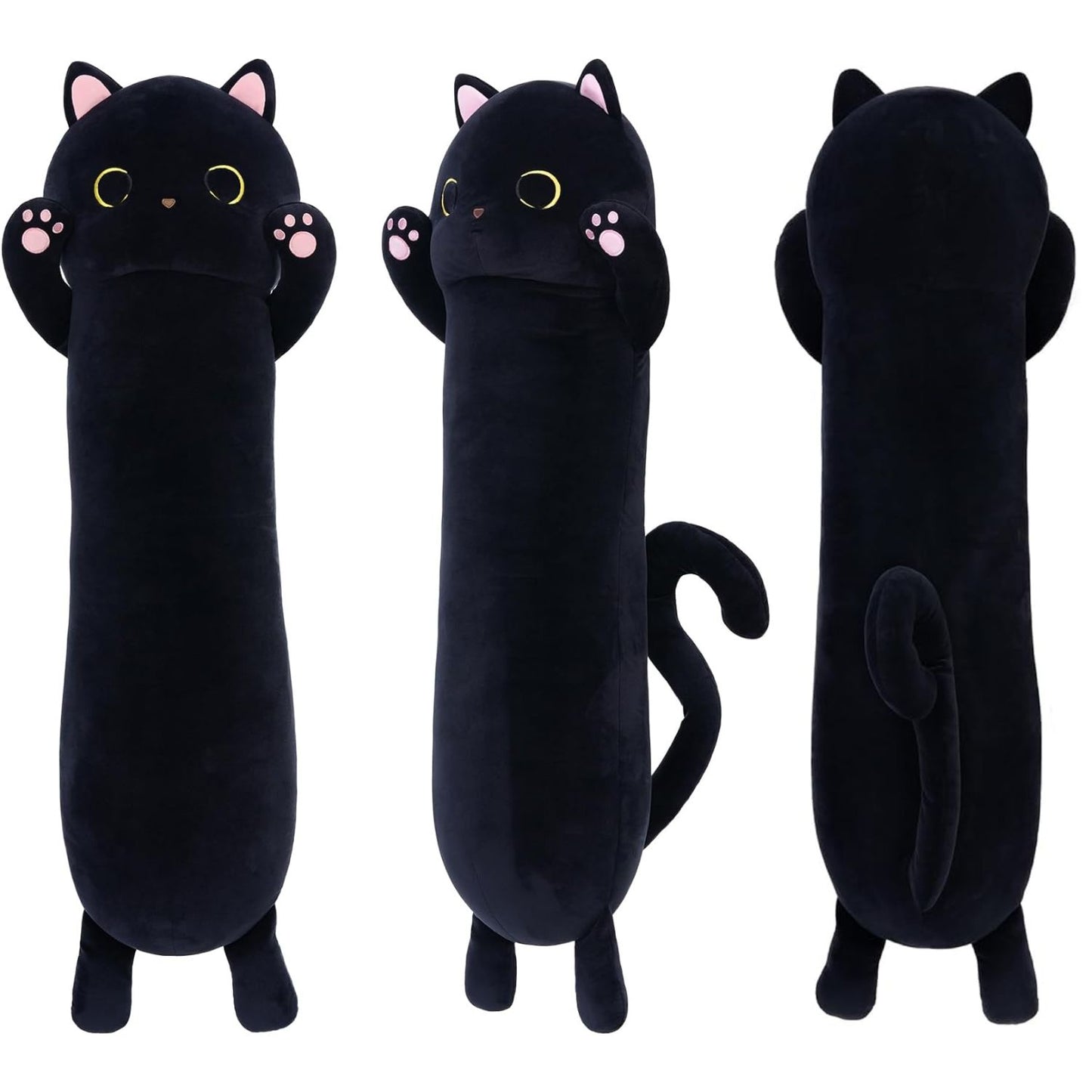 The black cat stuffed toy is simply precious with its cute face, pink ears, and paws. Not to mention the playful tail on its back - too adorable! Its long, soft body makes it perfect for snuggling up with. This toy is definitely a great gift for any festive or special occasion! 