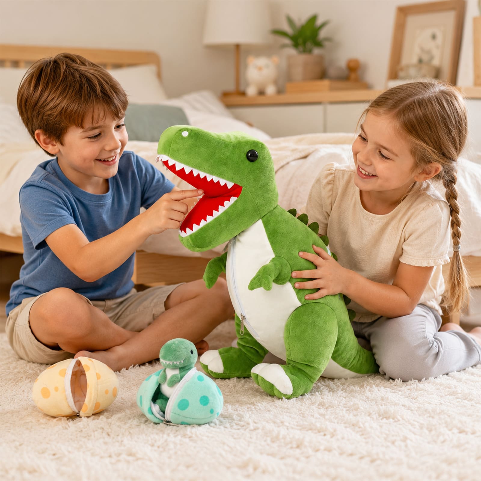Dinosaur Stuffed Toy with 3 Baby Dinosaurs, Green/Pink/Grey, 23.6 Inches