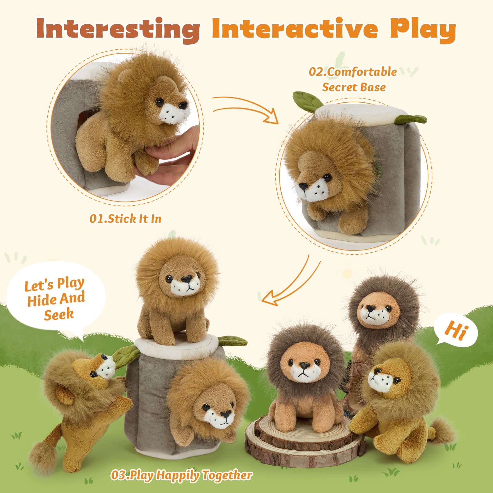 Cute Lion Plush Toy & Cozy Hideaway Tree Stump, 5.5 Inches